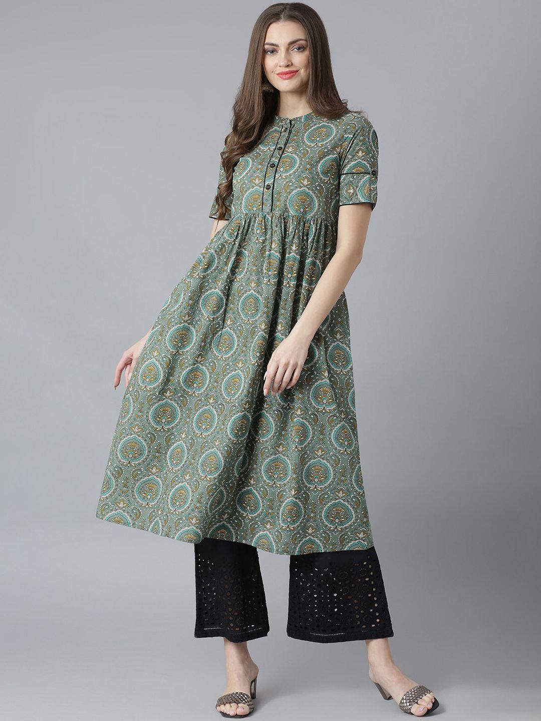 qomn women olive green ethnic motifs printed anarkali kurta