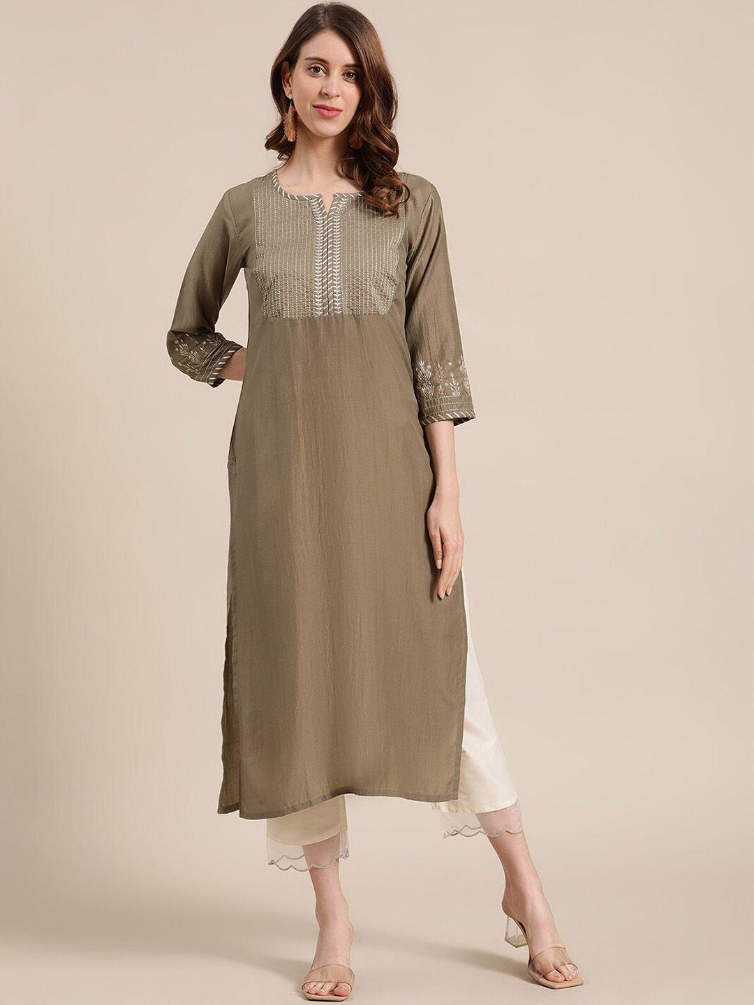 varanga women olive green yoke design thread work kurta with trousers