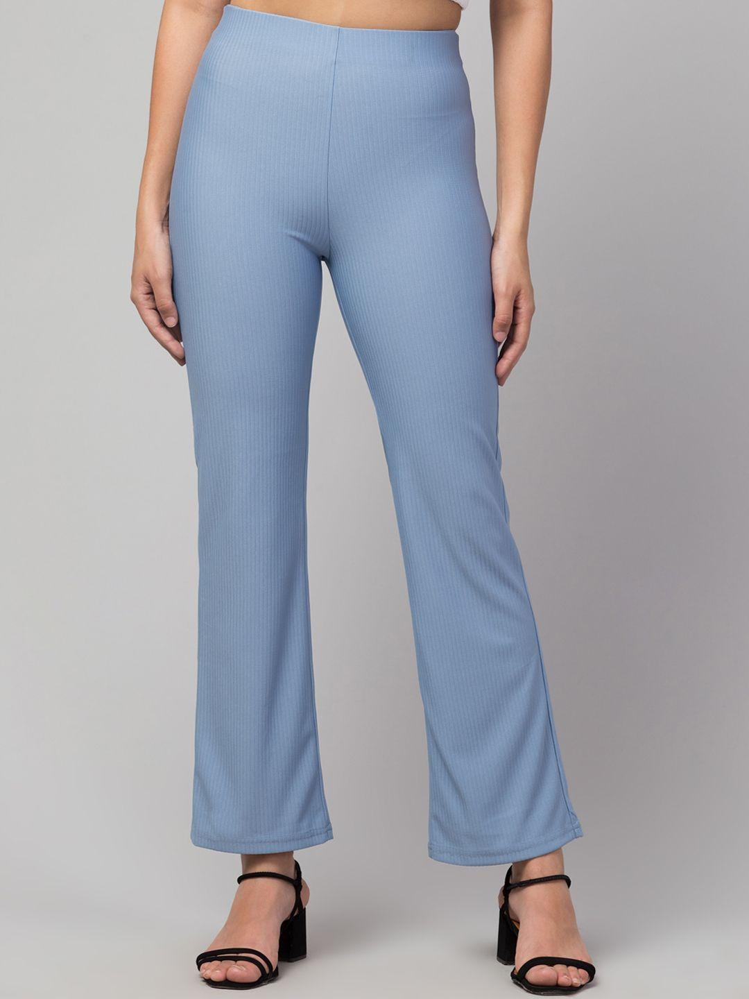 orchid hues women blue straight fit bootcut trousers