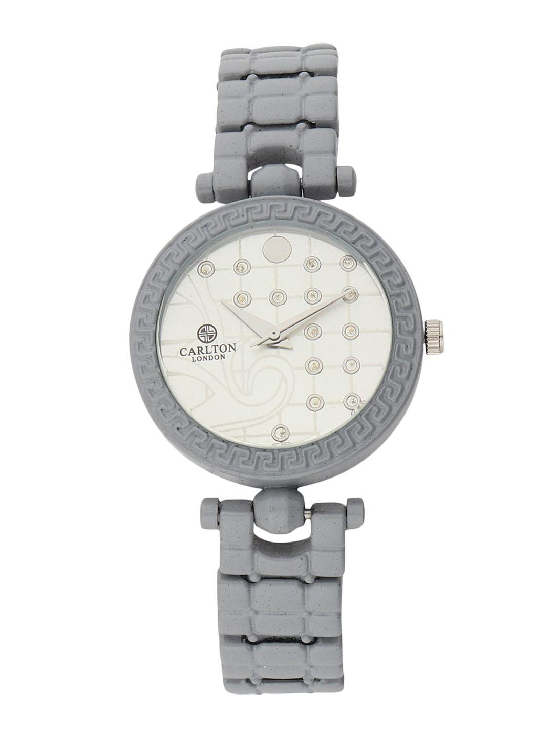 carlton london women silver-toned embellished dial & silver toned stainless steel bracelet style straps watch