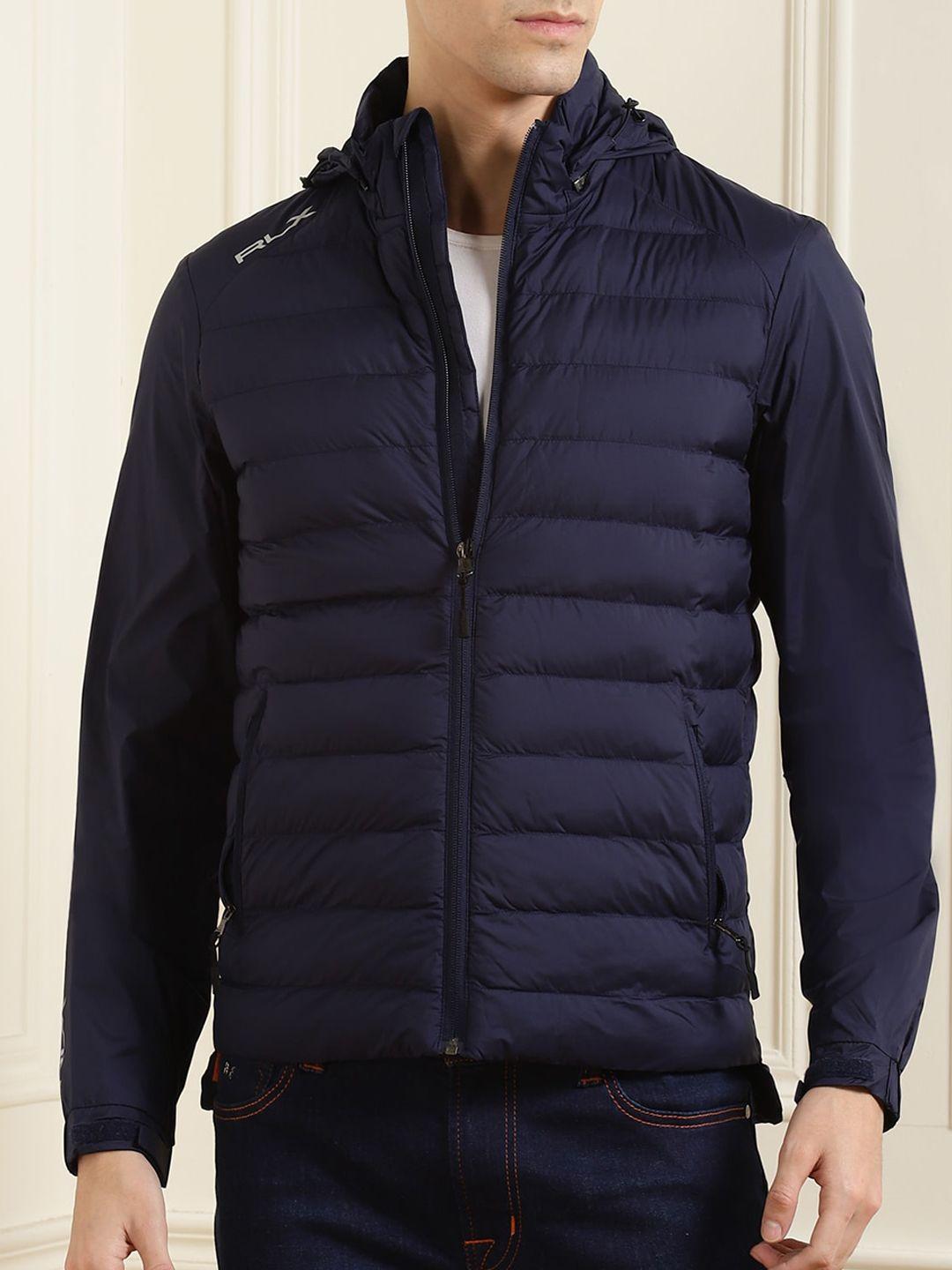 polo ralph lauren men navy blue striped lightweight longline padded jacket with patchwork