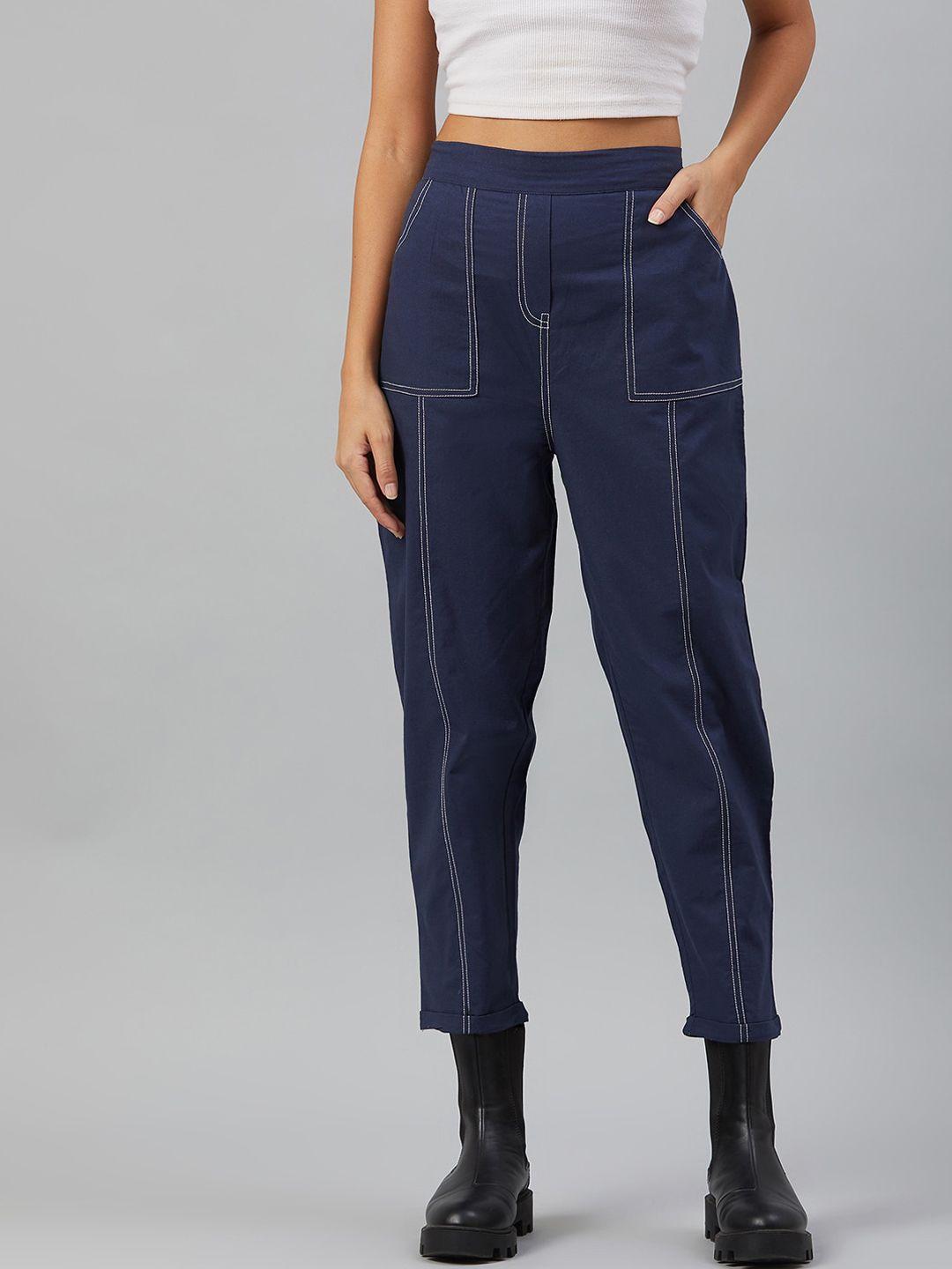 orchid hues women navy blue & white tapered fit high-rise pure cotton trousers