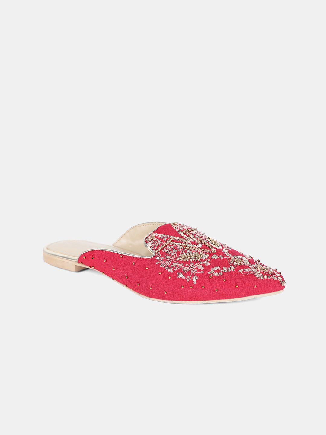 w women magenta embellished leather mules flats