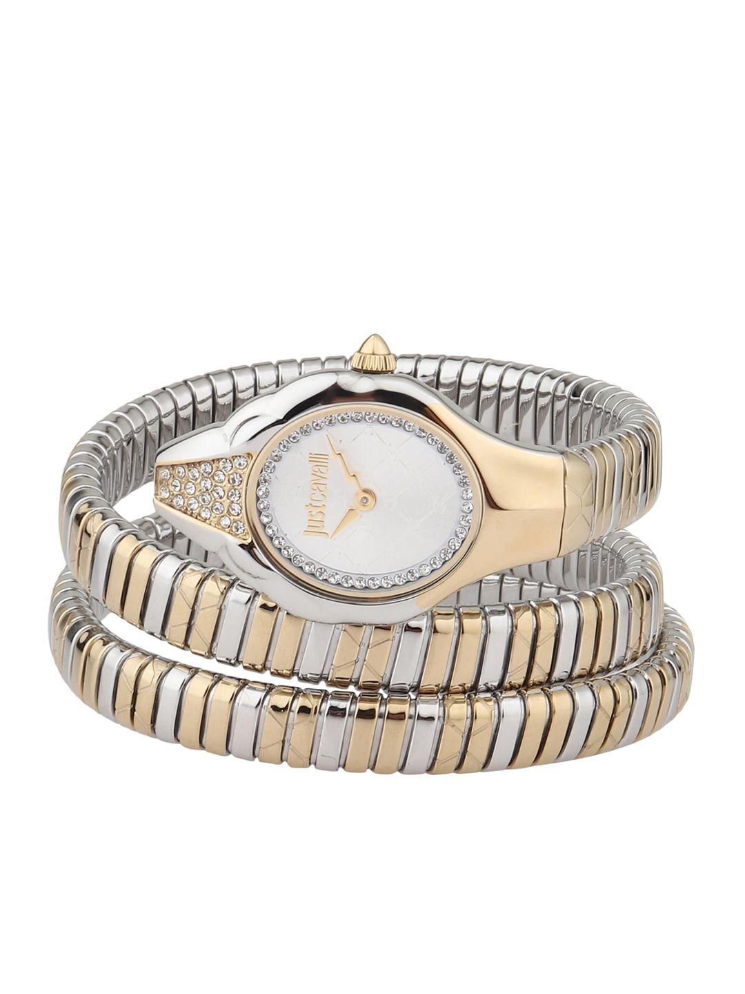 just cavalli women silver-toned brass embellished dial & multicoloured stainless steel bracelet style straps watch