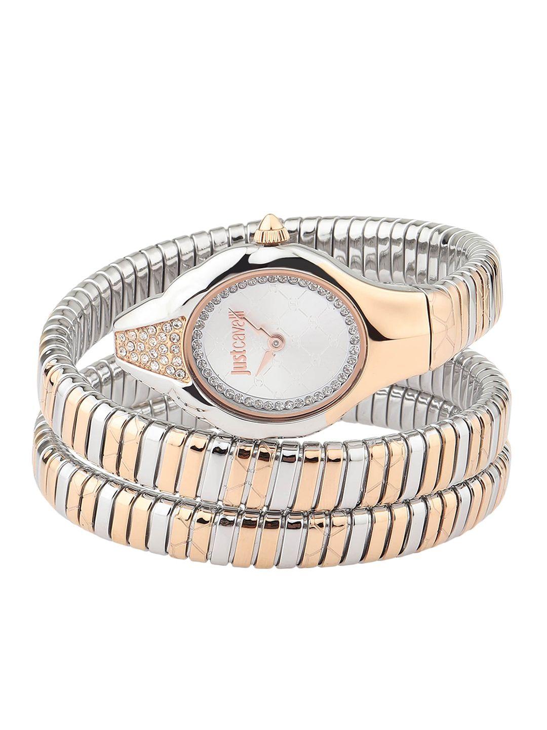 just cavalli women silver-toned brass embellished dial & multicoloured stainless steel bracelet style straps watch