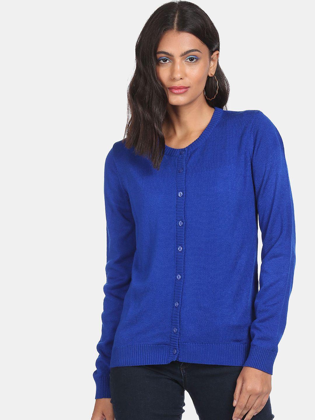 sugr women blue solid ribbed hem cardigan