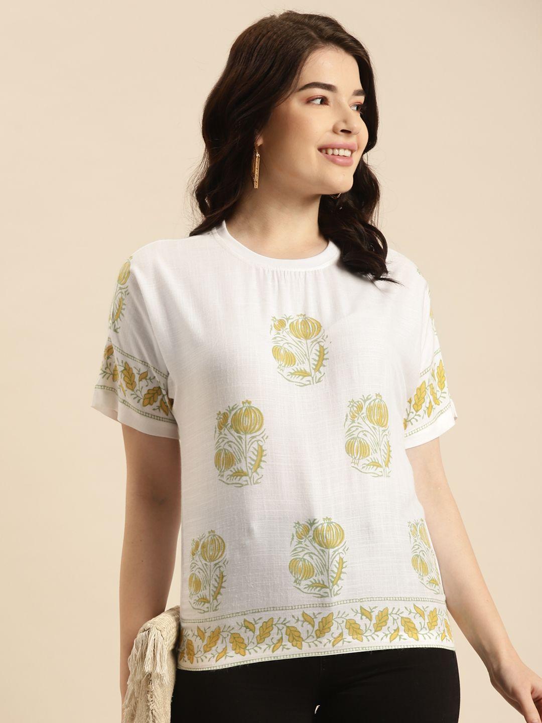 prakrti white & yellow floral print casual regular top