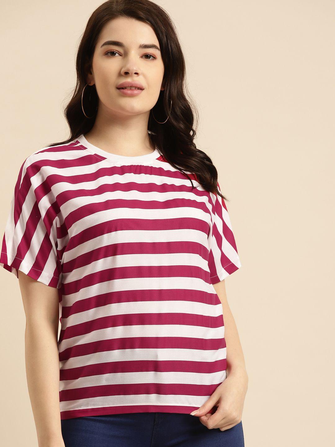 prakrti women magenta & white striped regular top