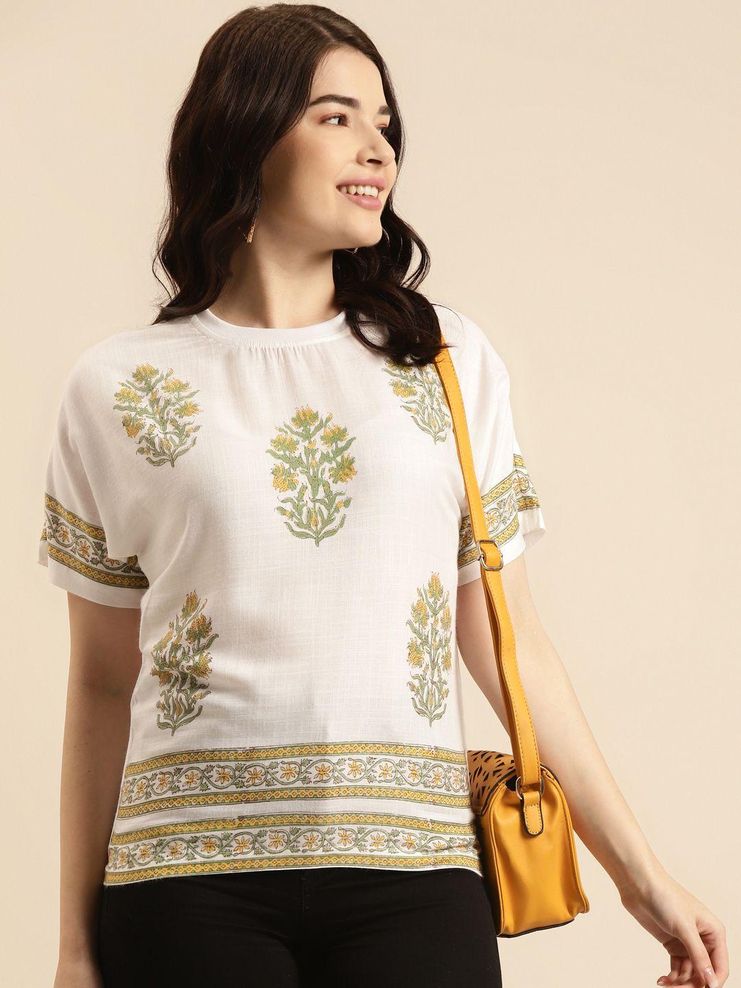 prakrti white & gold-toned ethnic motifs printed casual regular top