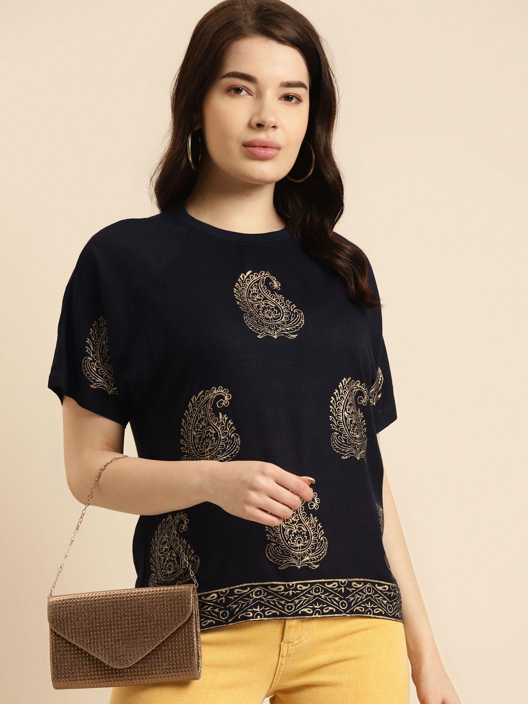 prakrti navy blue & gold-toned ethnic motifs printed casual top