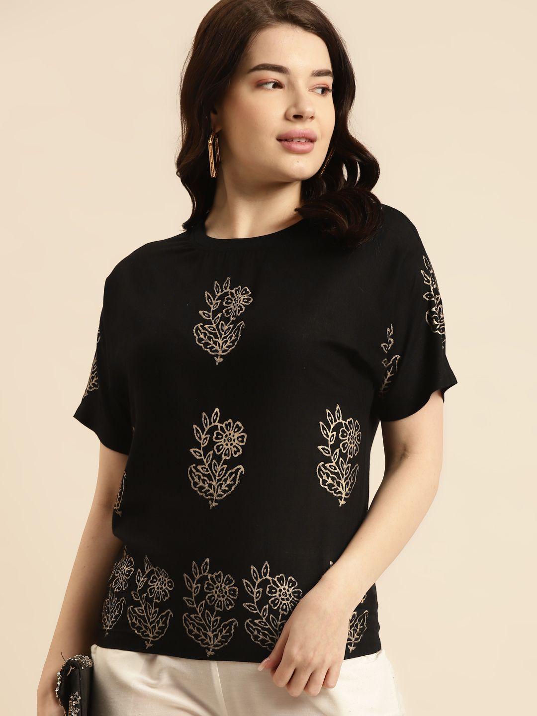 prakrti black & gold-toned  ethnic motif printed casual regular top