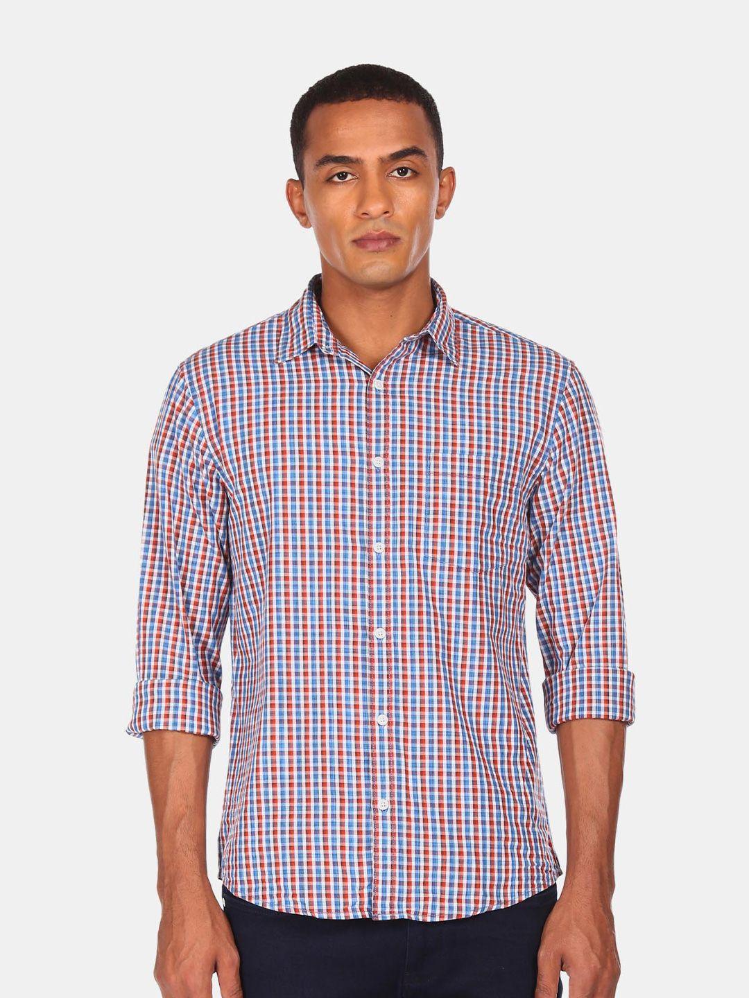 ruggers men red & blue opaque checked pure cotton casual shirt