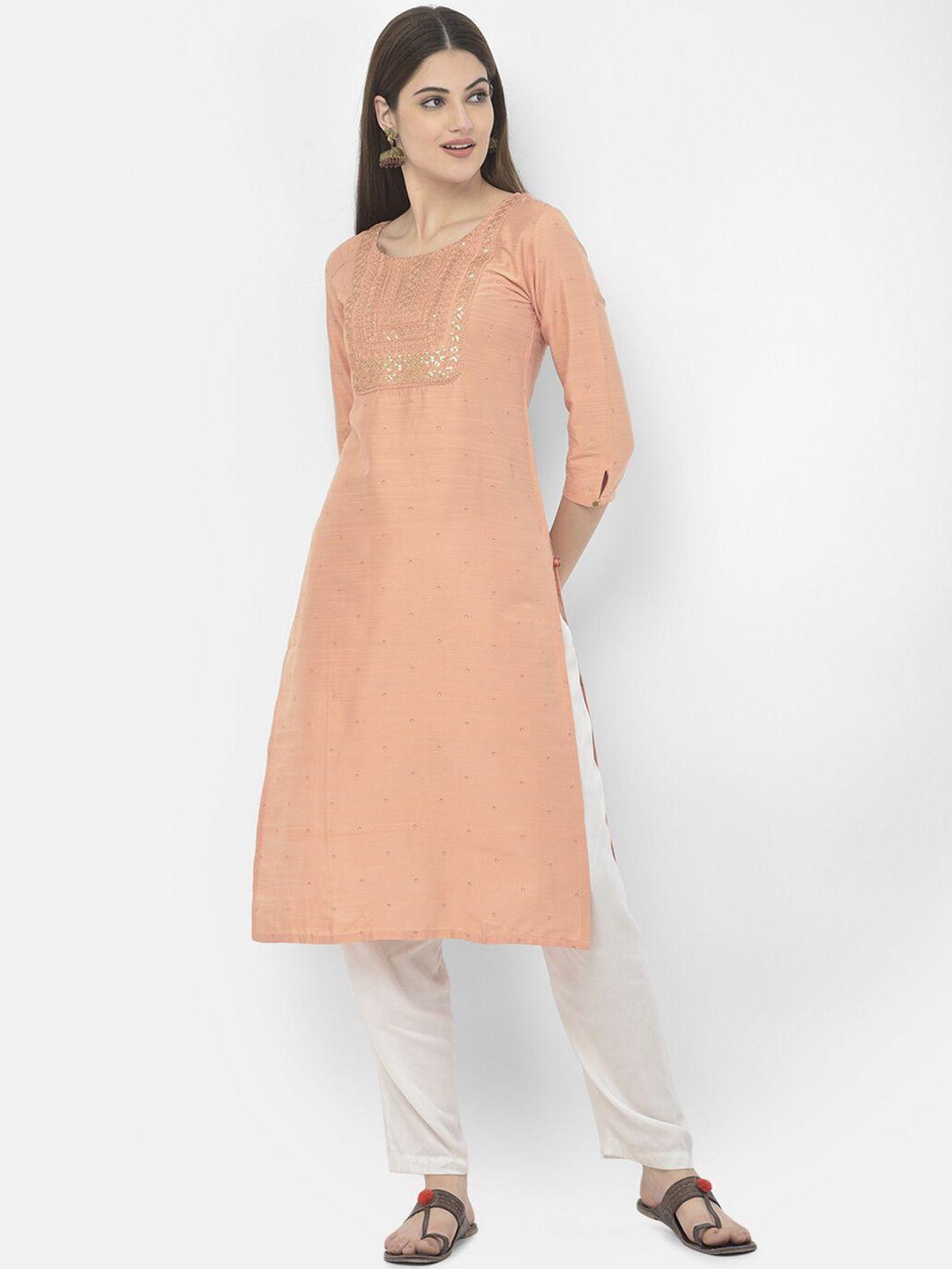 span women orange thread work embroidered straight kurta