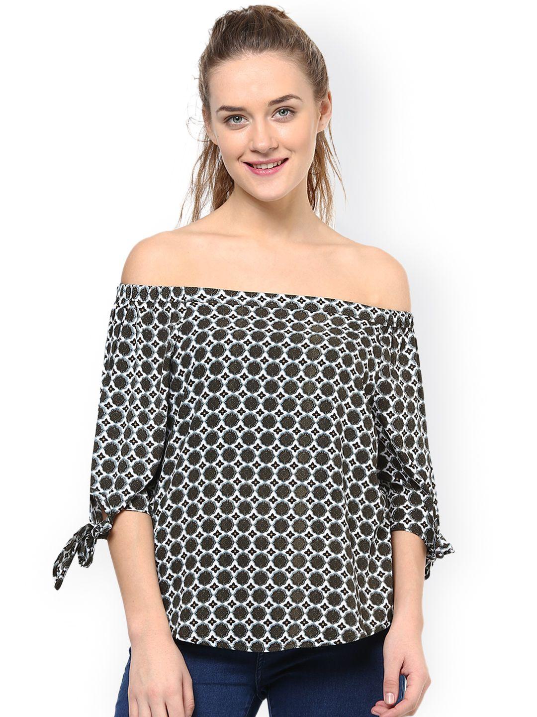 harpa women olive green & white printed off-shoulder top