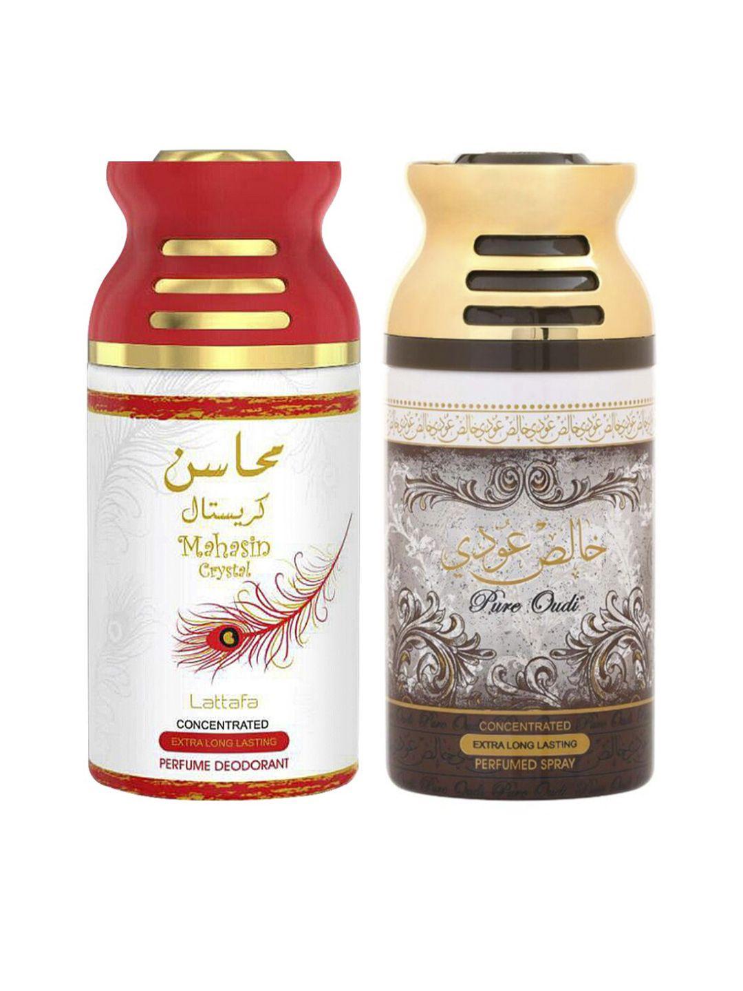 lattafa pack of 2 mahasin crystal  & pure oudi perfumed deodorant body spray