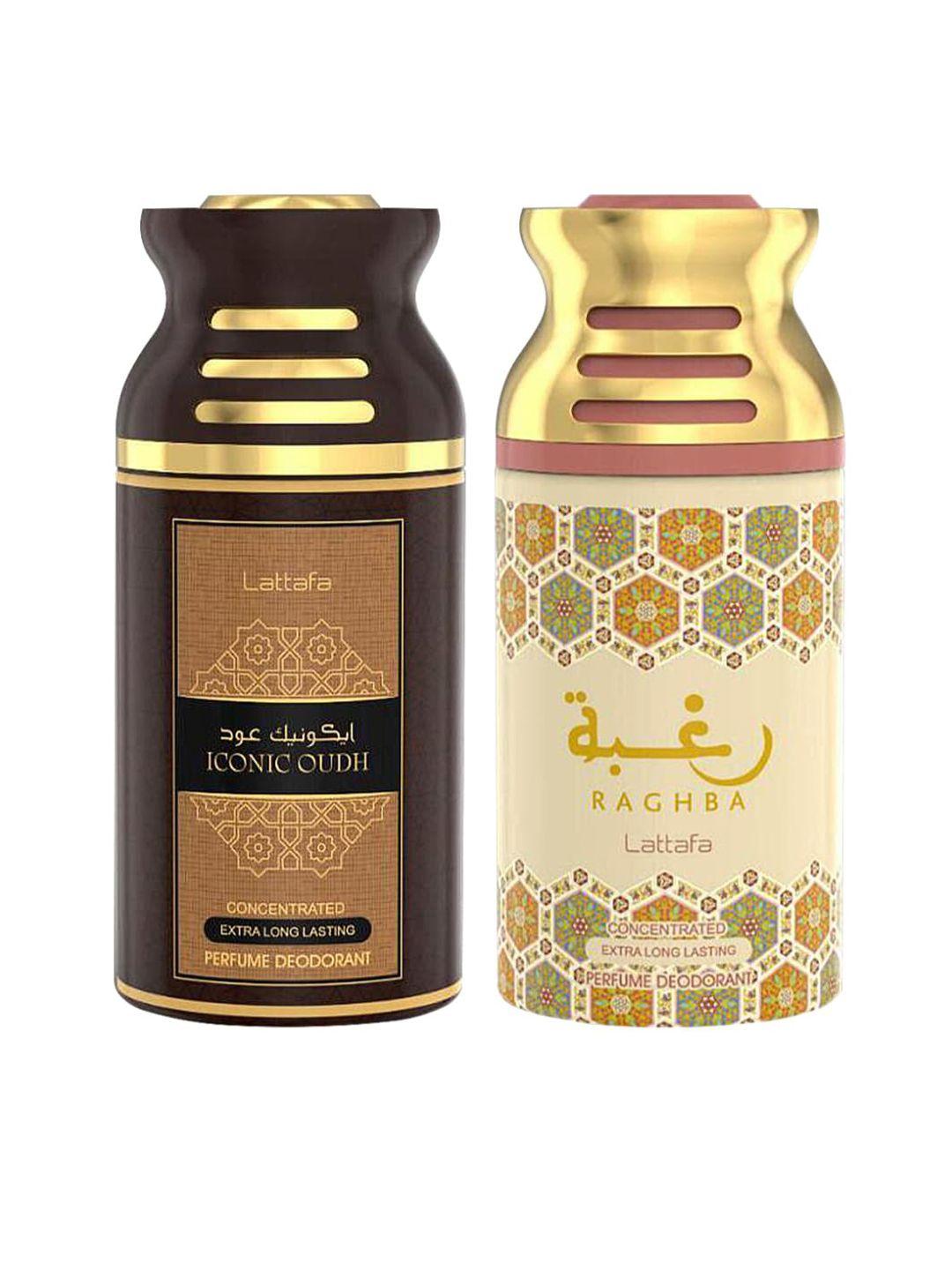 lattafa set of 2 brown & gold-toned iconic oudh & raghba deodorant body spray 250ml