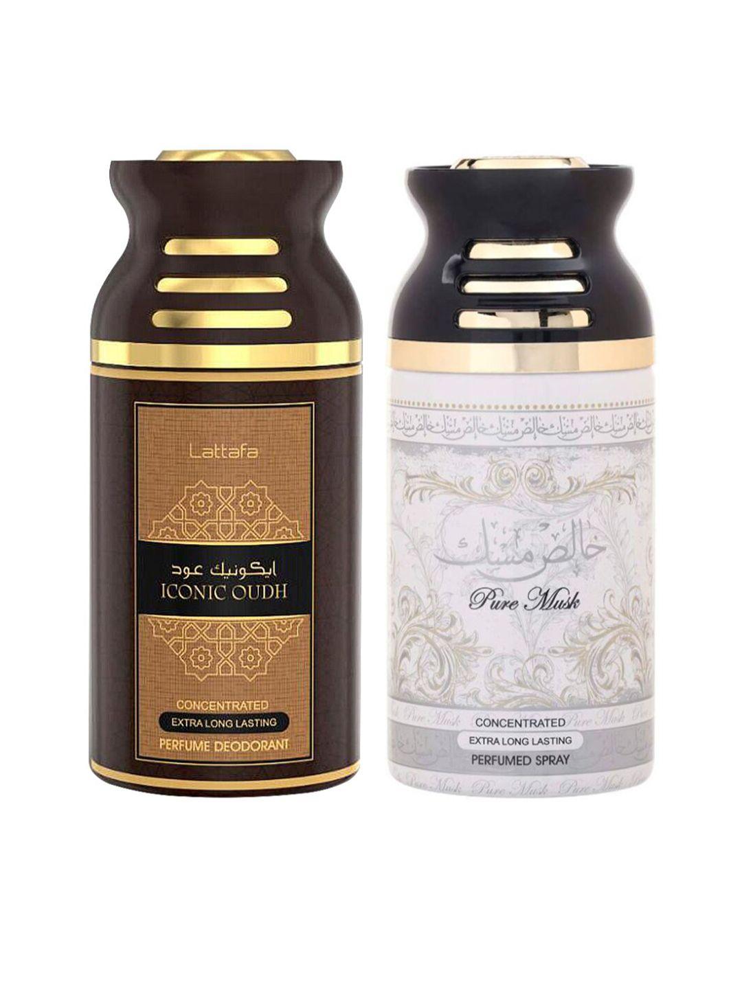 lattafa set of 2 brown iconic oudh & pure musk perfumed deodorant 250 ml