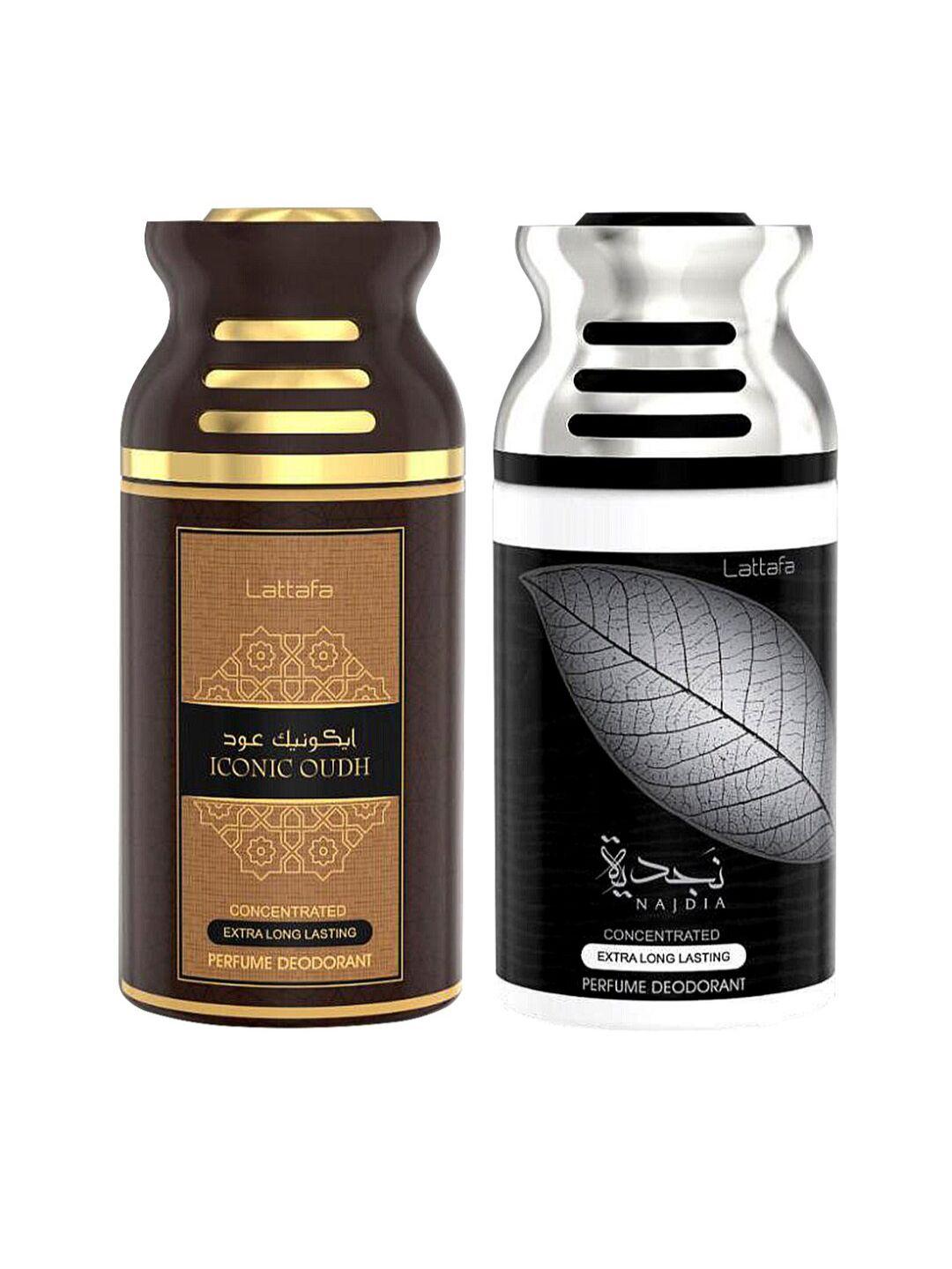 lattafa pack of 2 iconic oudh & najdia perfumed deodorant body spray 250ml