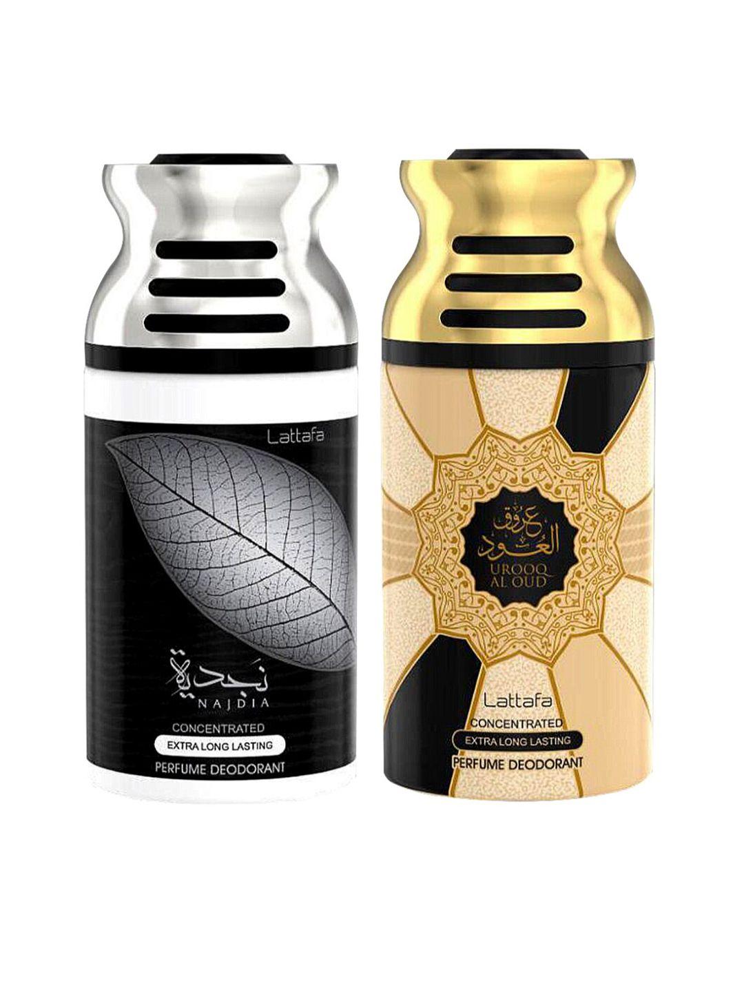 lattafa unisex pack of 2 najdia & urooq al oud perfumed deodorant bodyspray 250ml