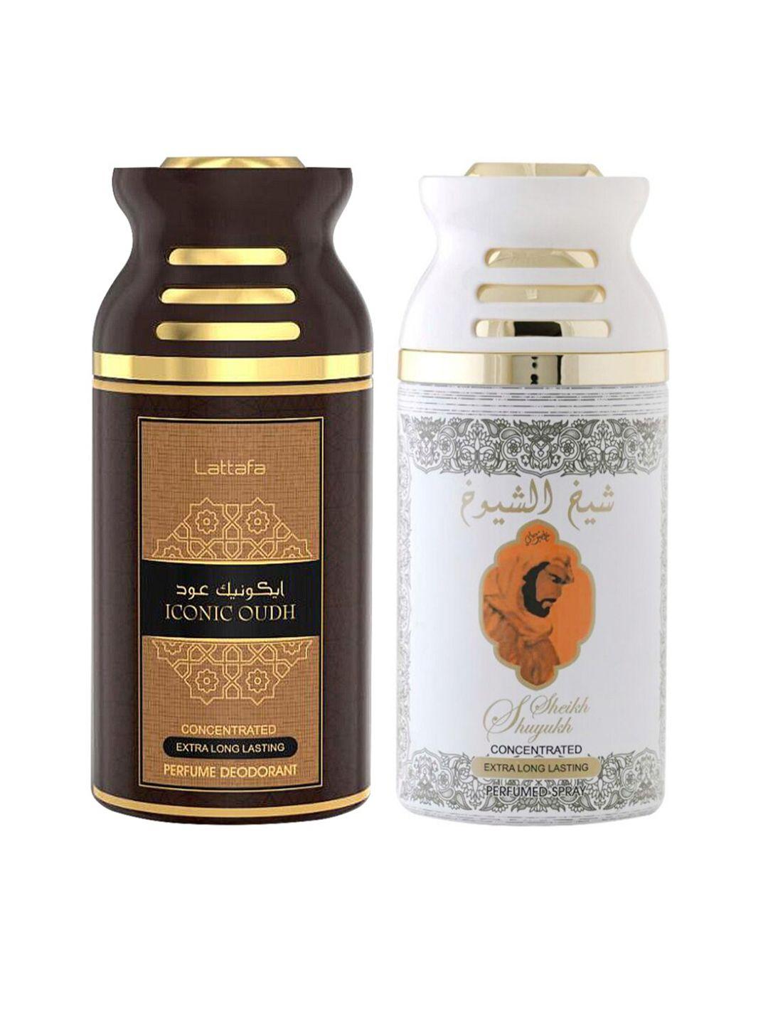 lattafa pack of 2 iconic oudh & sheik al shuyukh kususi deodorant body spray