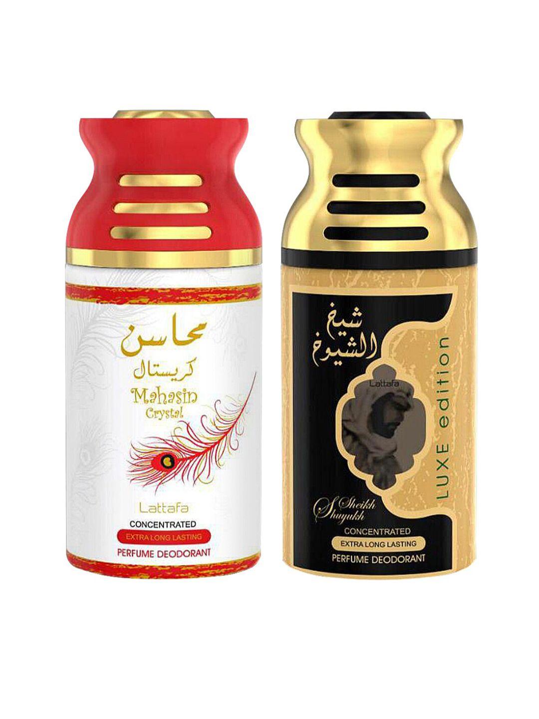 lattafa set of 2 white & black mahasin crystal & sheik al shuyukh luxe edition deodorant