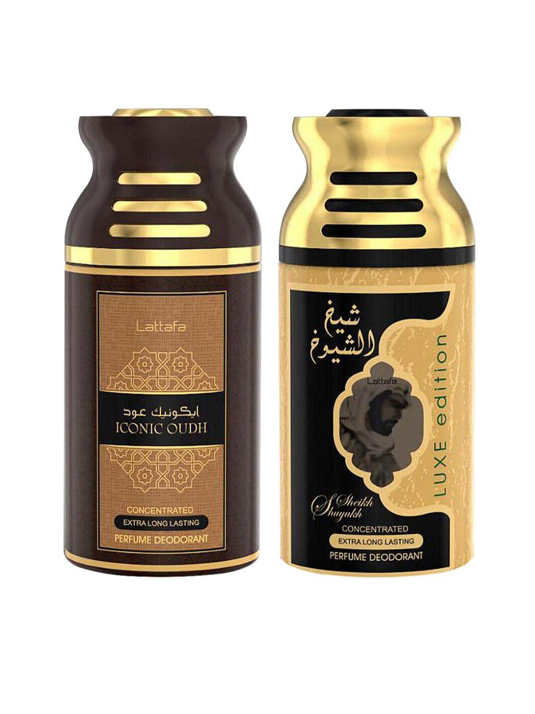 lattafa set of 2  iconic oudh & sheik al shuyukh luxe edition deodorant  body spray 250ml