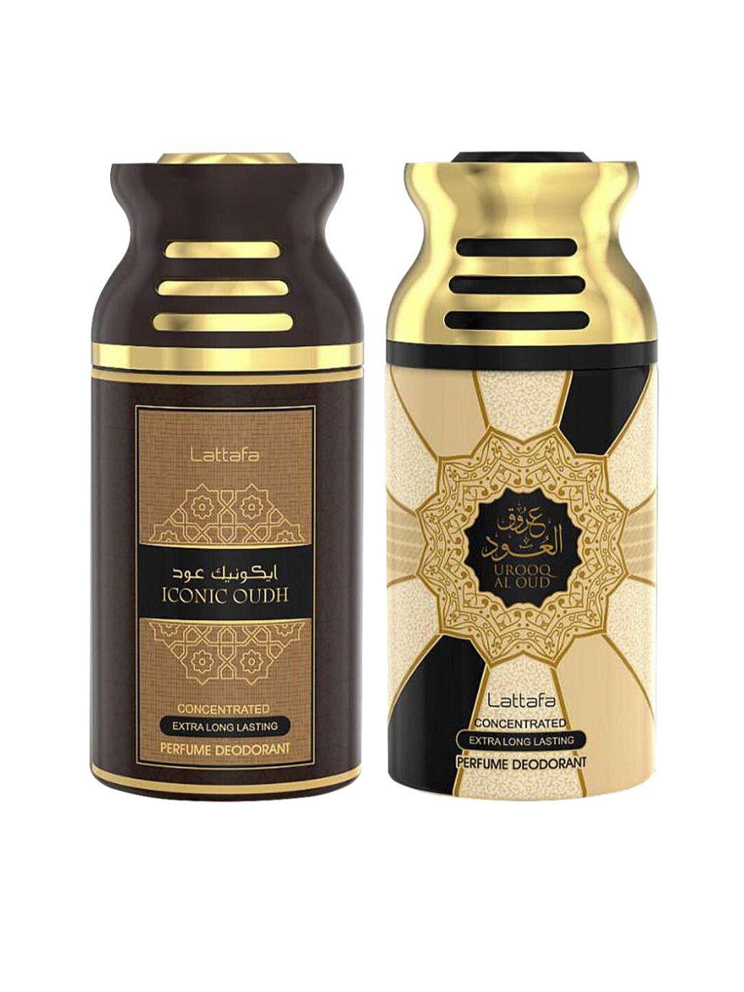 lattafa pack of 2 iconic oudh & urooq al oudh perfumed deodorant body spray 250ml