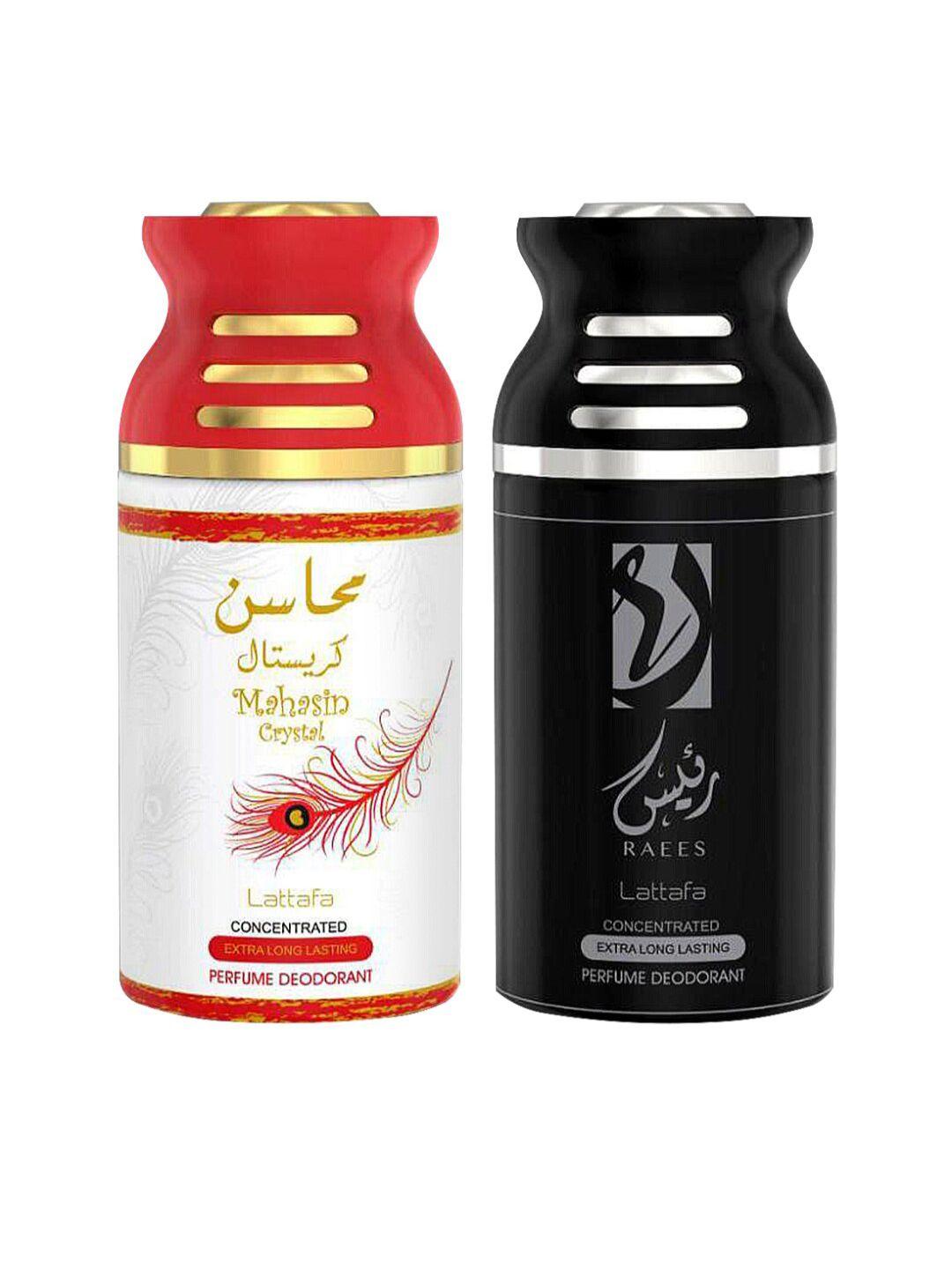 lattafa set of 2 mahasin crystal  & raees perfumed deodorant bodyspray