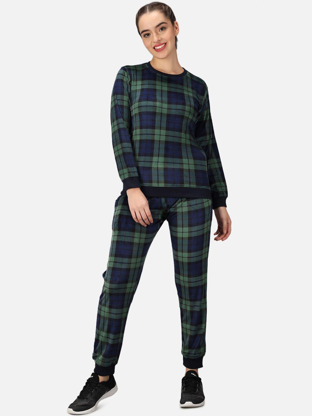 anti culture women blue & green checked cotton tracksuit