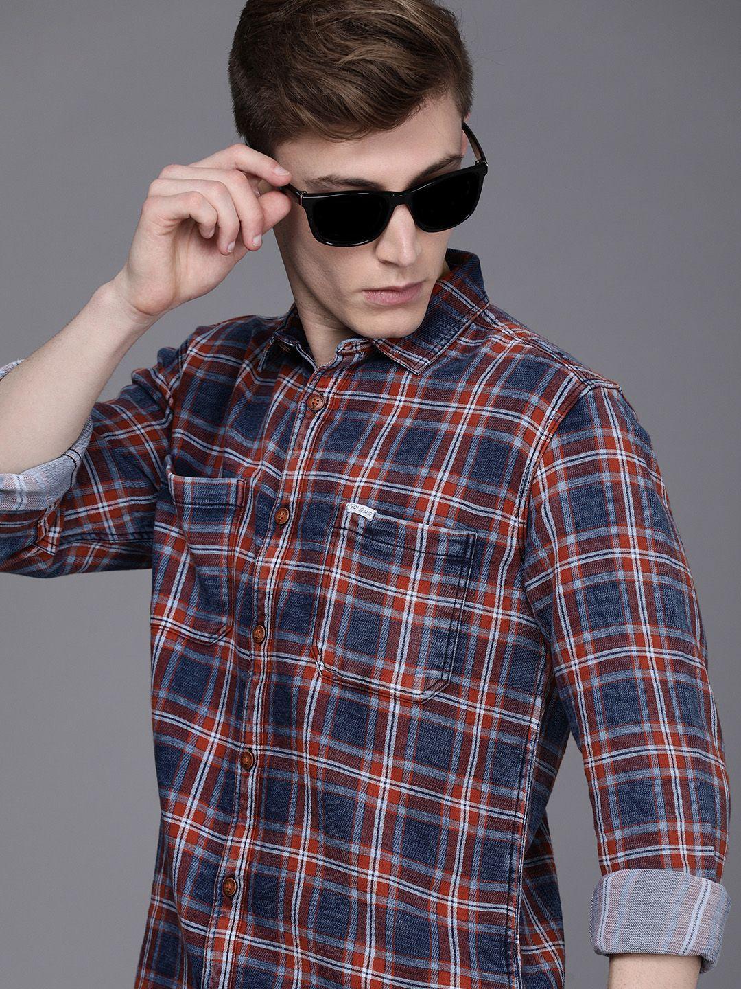 voi jeans men blue slim fit tartan checks opaque casual shirt