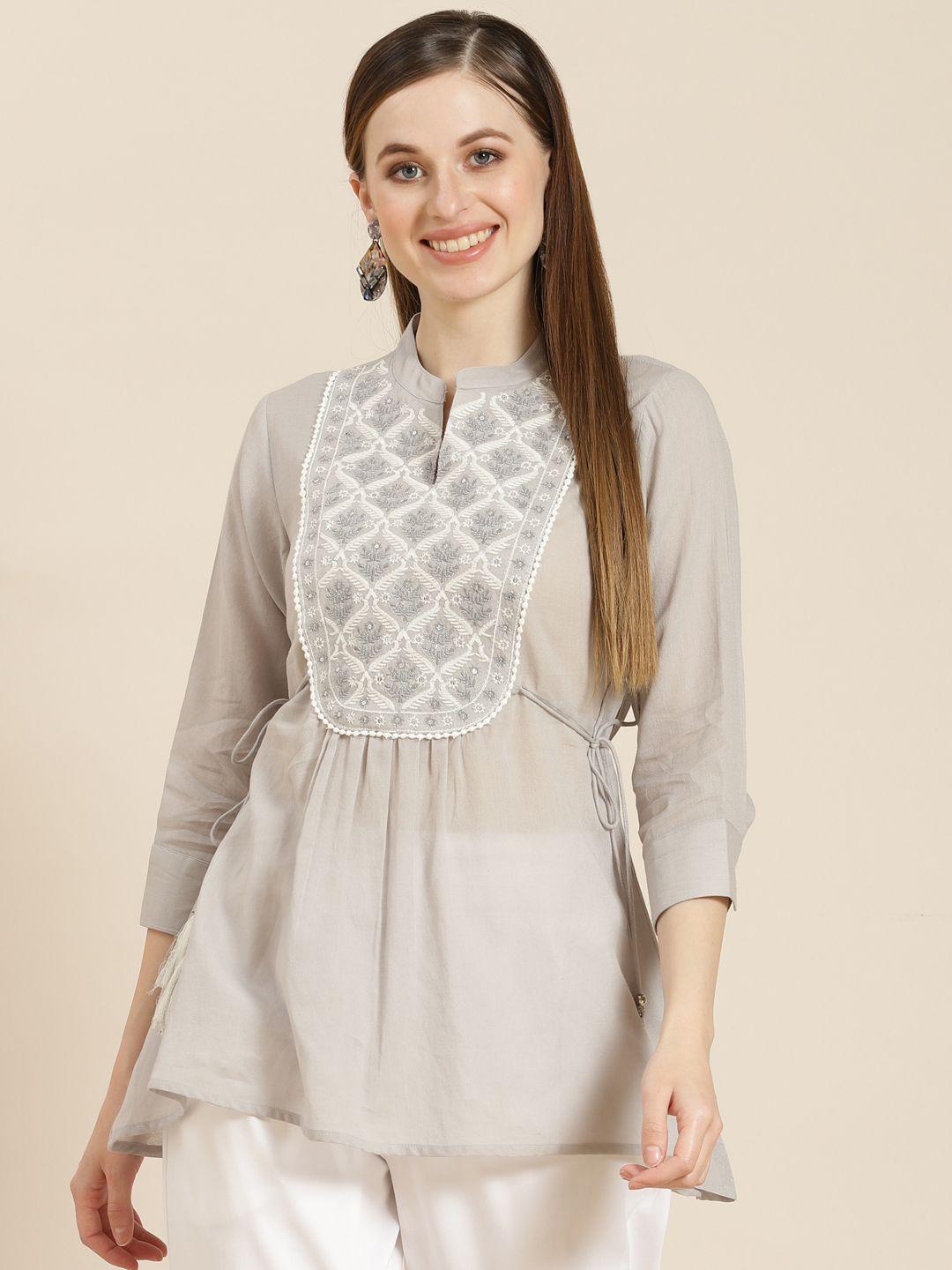 juniper grey & white mandarin collar embroidered tunic