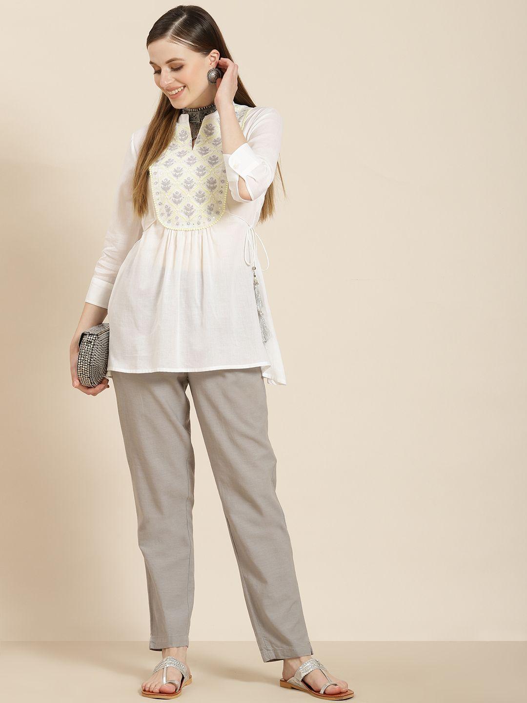 juniper white & yellow mandarin collar embroidered tunic