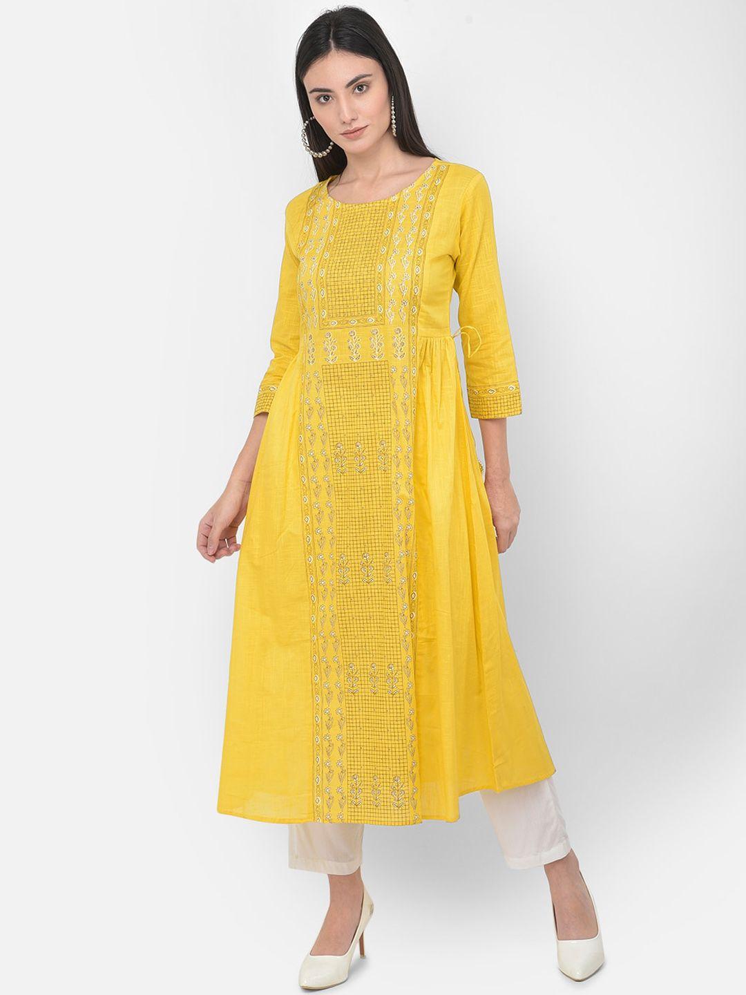 span women yellow printed anarkali kurta