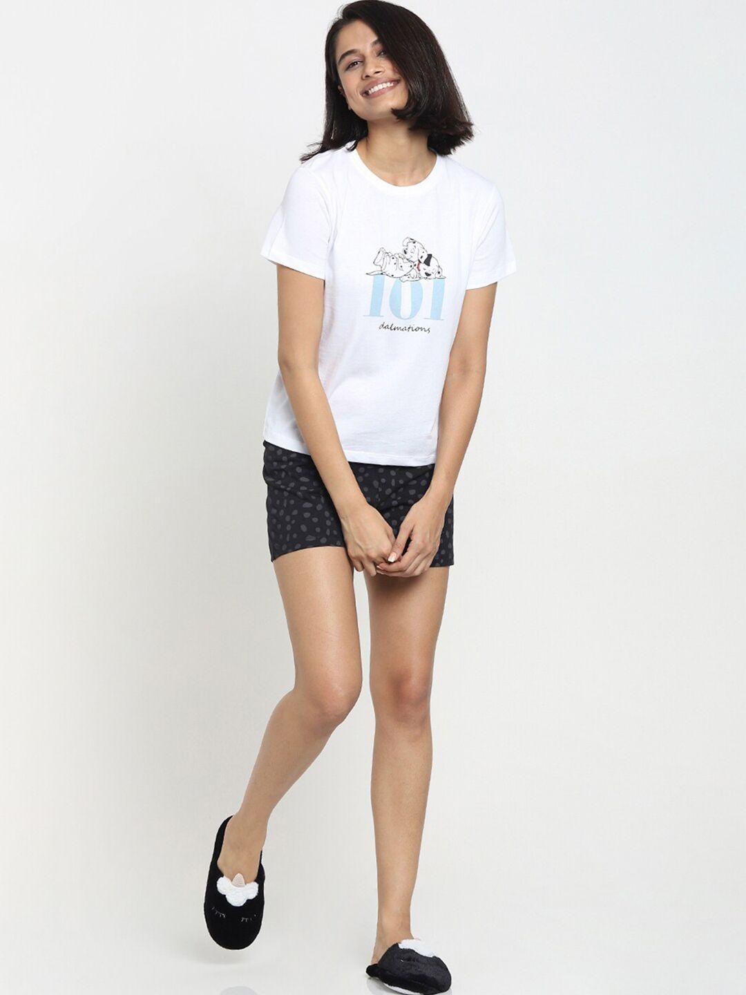 bewakoof women white & black printed pure cotton t-shirt with shorts