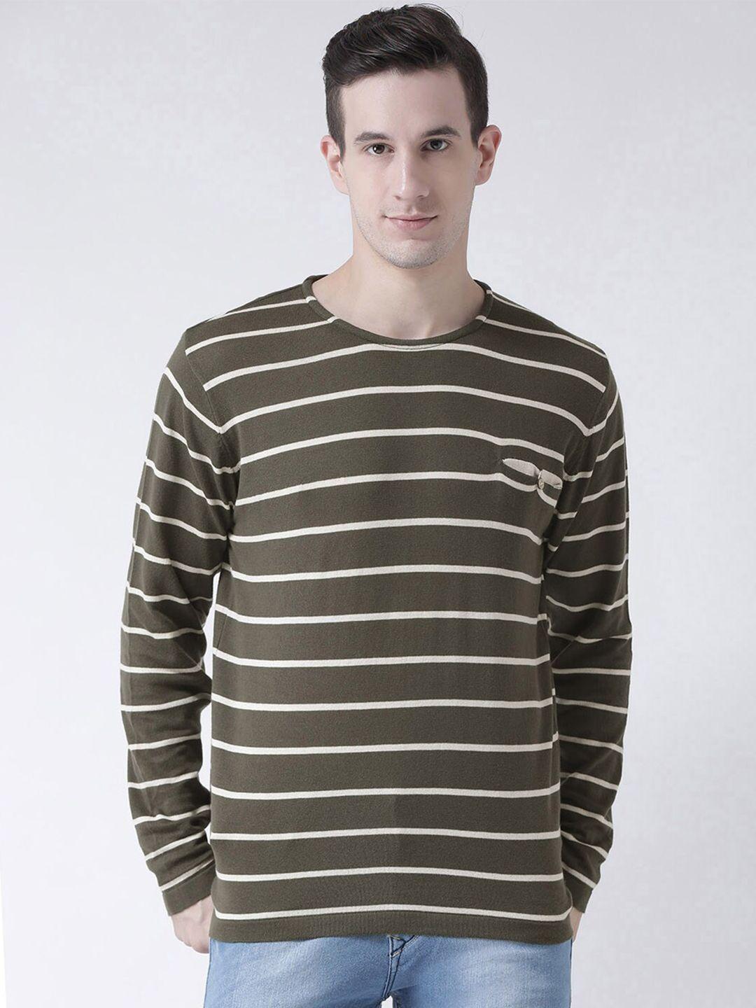 club york men olive green & cream-coloured striped pullover