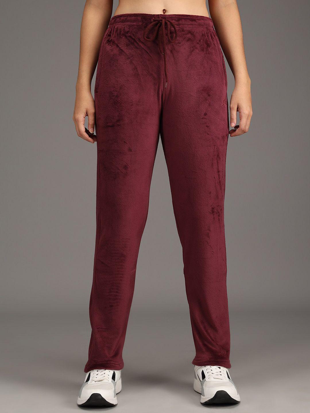 anti culture women maroon solid velvet track pants