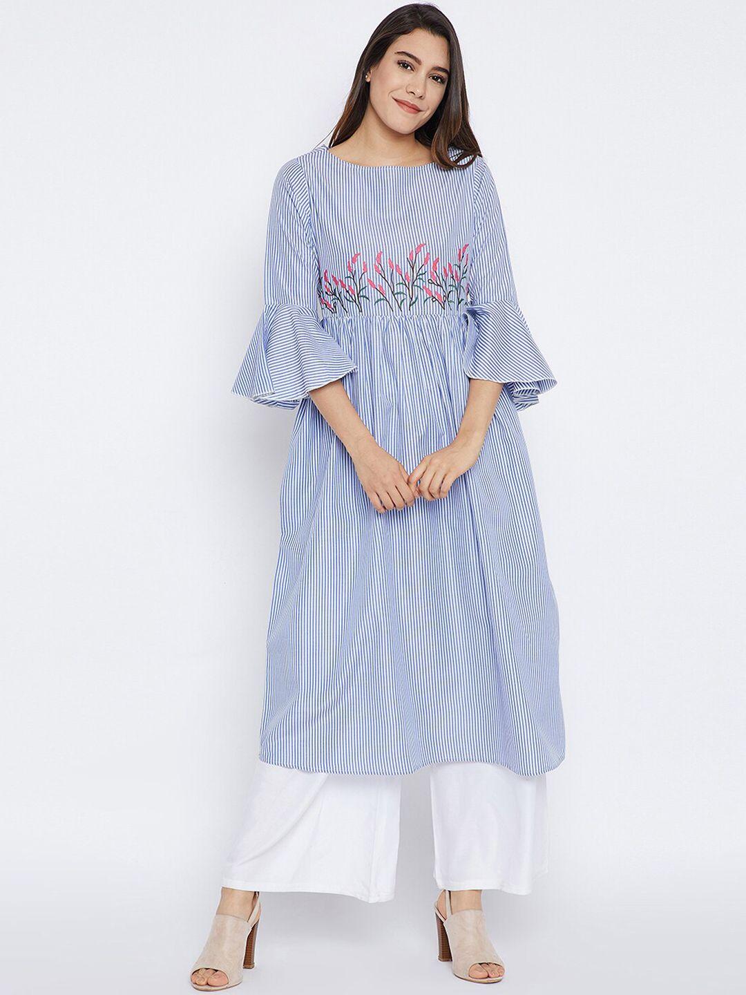 bitterlime women blue bell sleeves embroidered pleated kurta