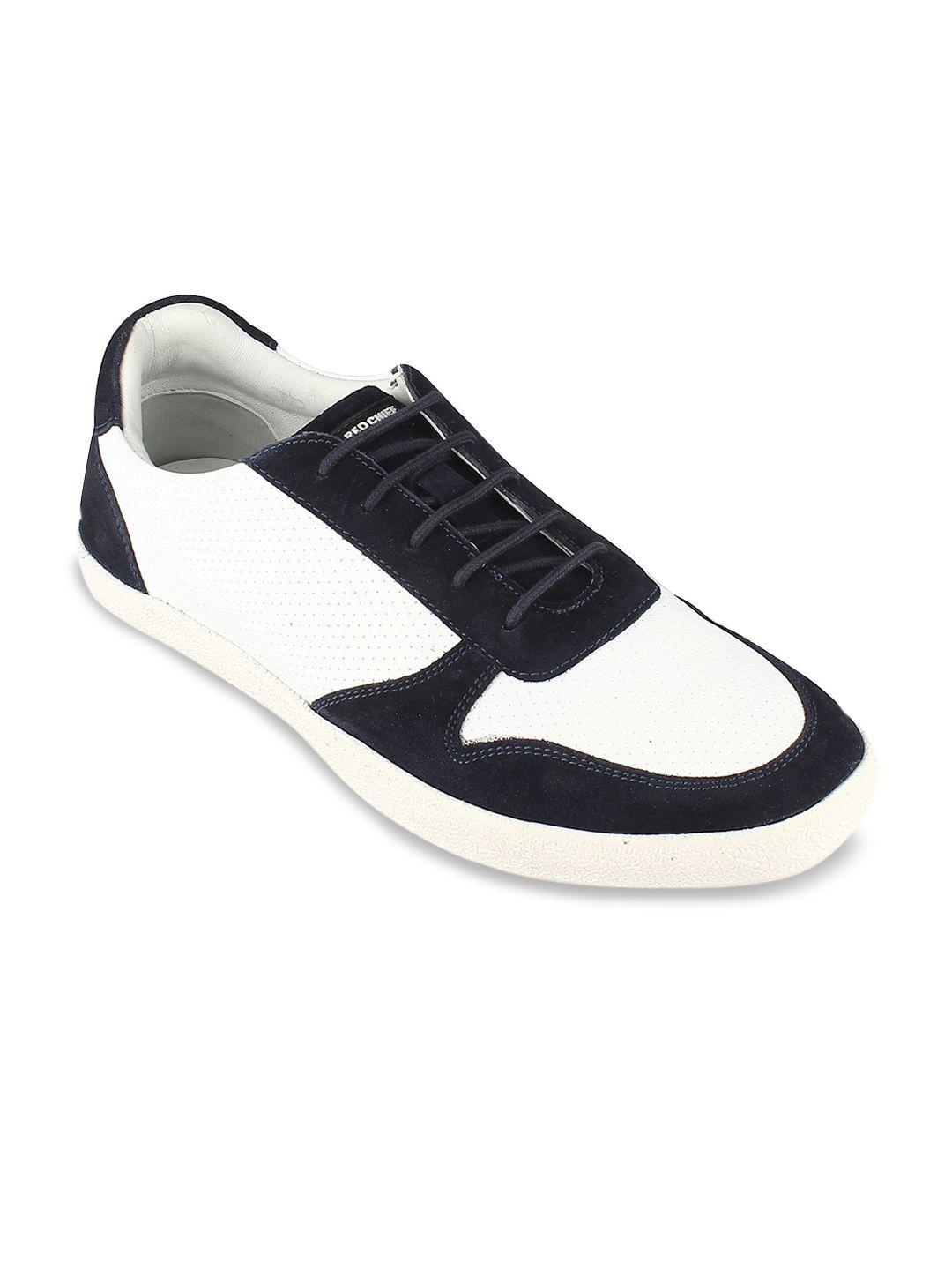 red chief men navy blue & white colourblocked leather sneakers