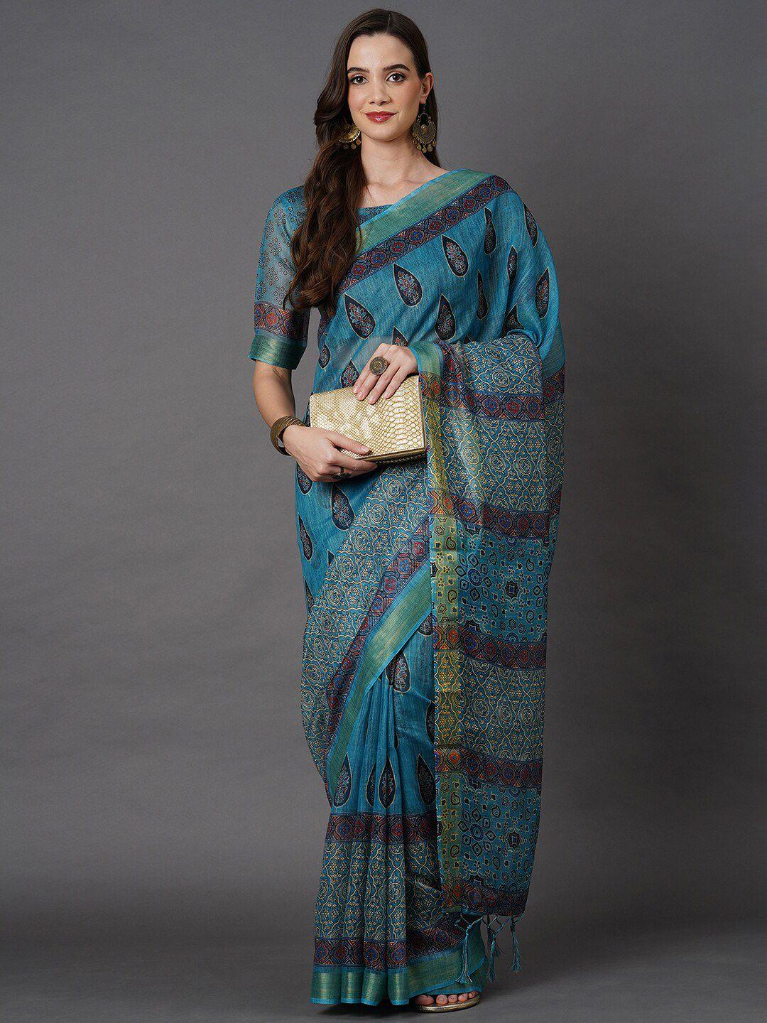 mitera blue ethnic motifs linen blend saree