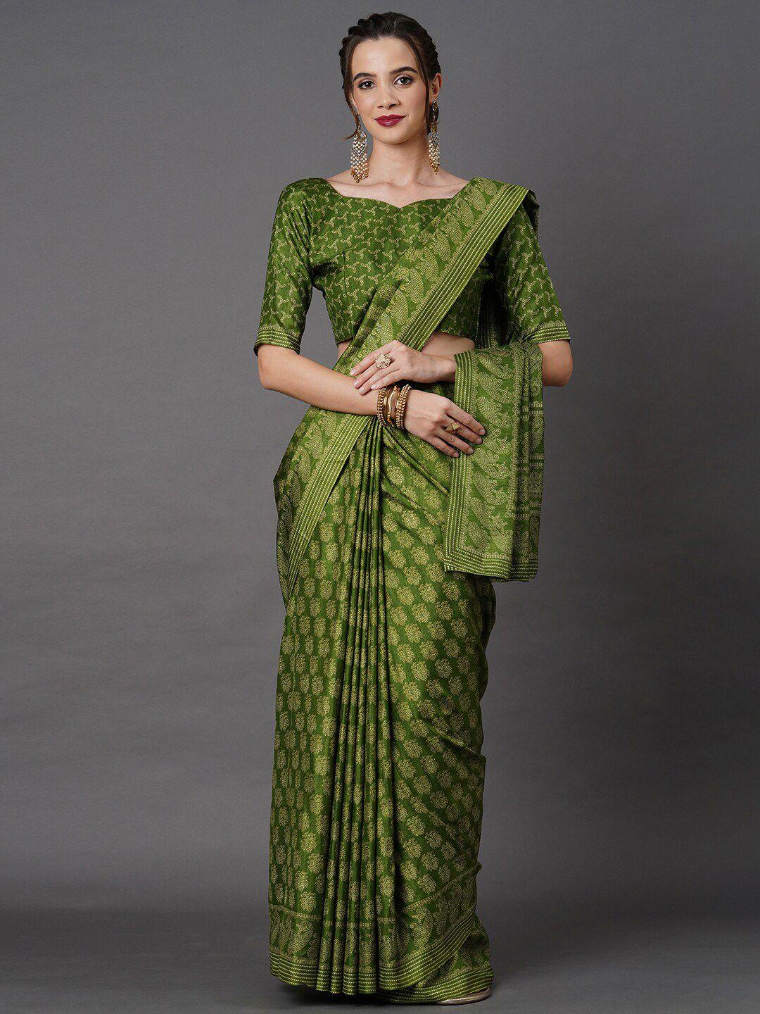 mitera olive green & white floral art silk saree