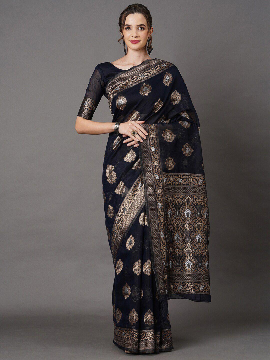 mitera black & rose gold ethnic motifs zari linen blend saree