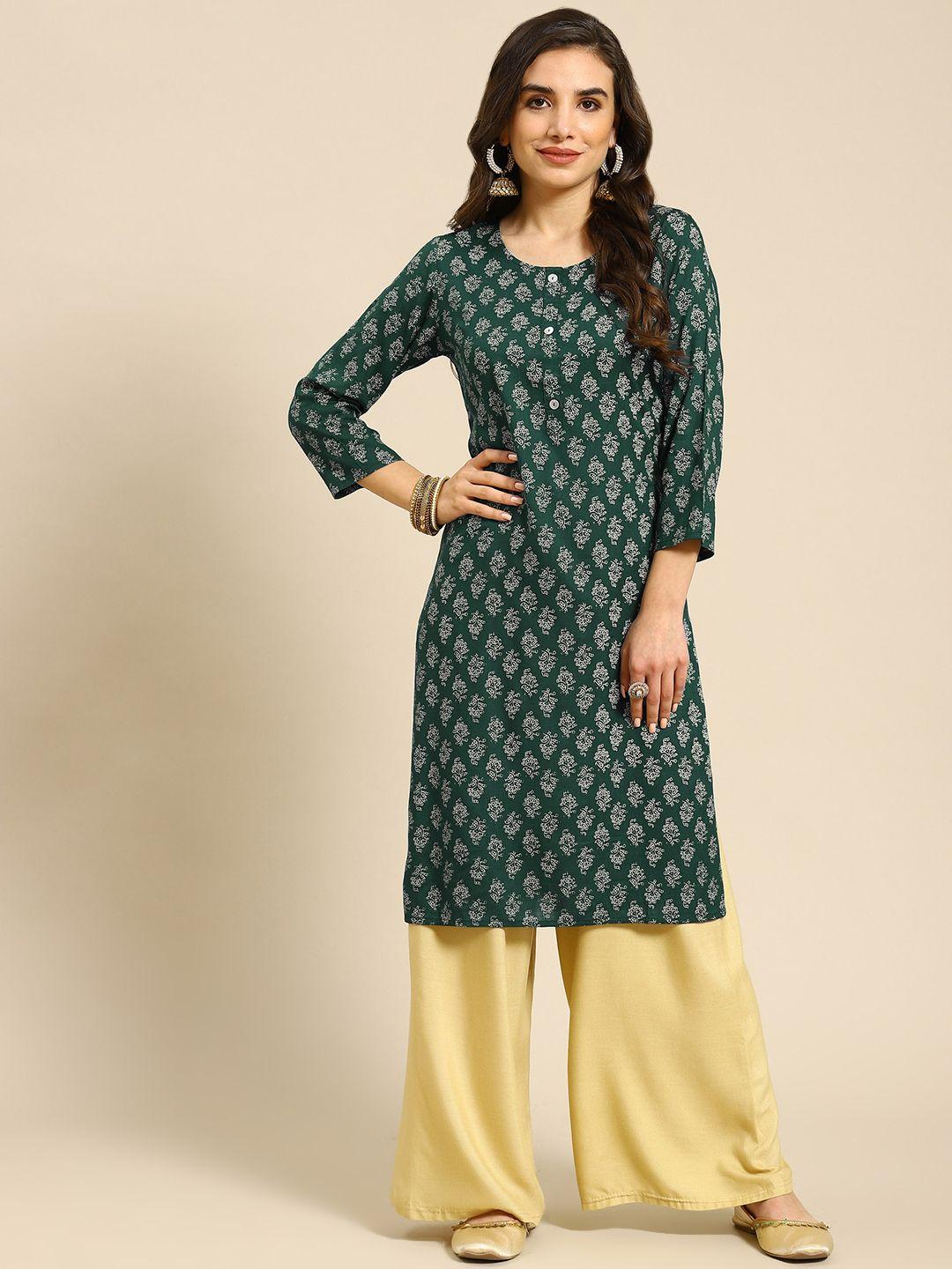 prakrti women green block print straight kurta