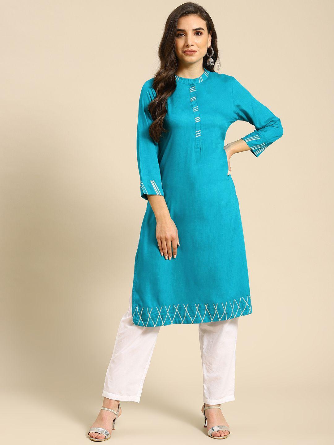 prakrti women blue solid gotta patti straight kurta