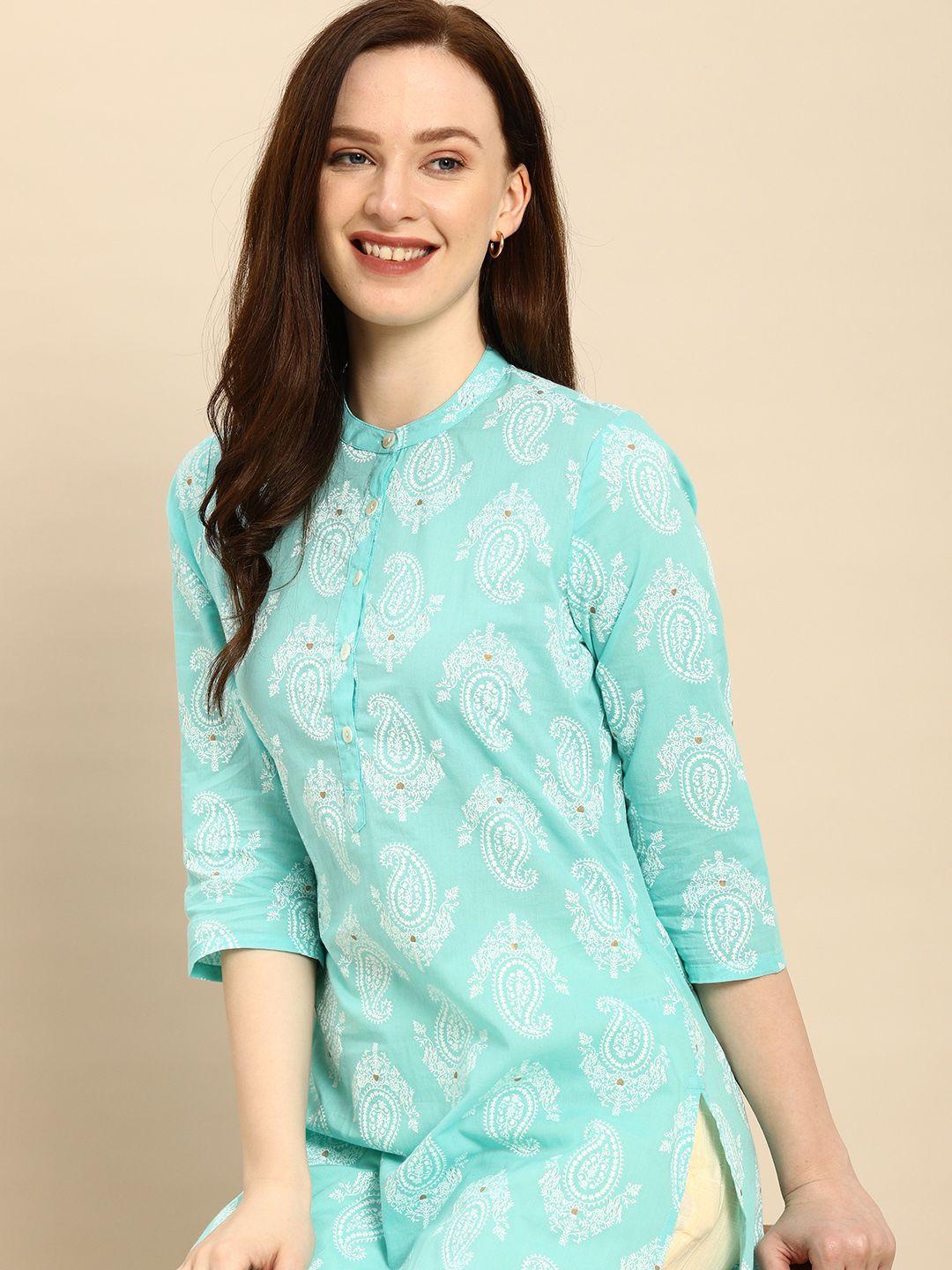 all about you women turquoise blue & white printed pure cotton straight kurta