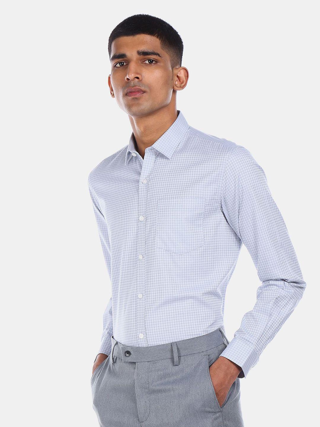 excalibur men grey printed pure cotton formal shirt