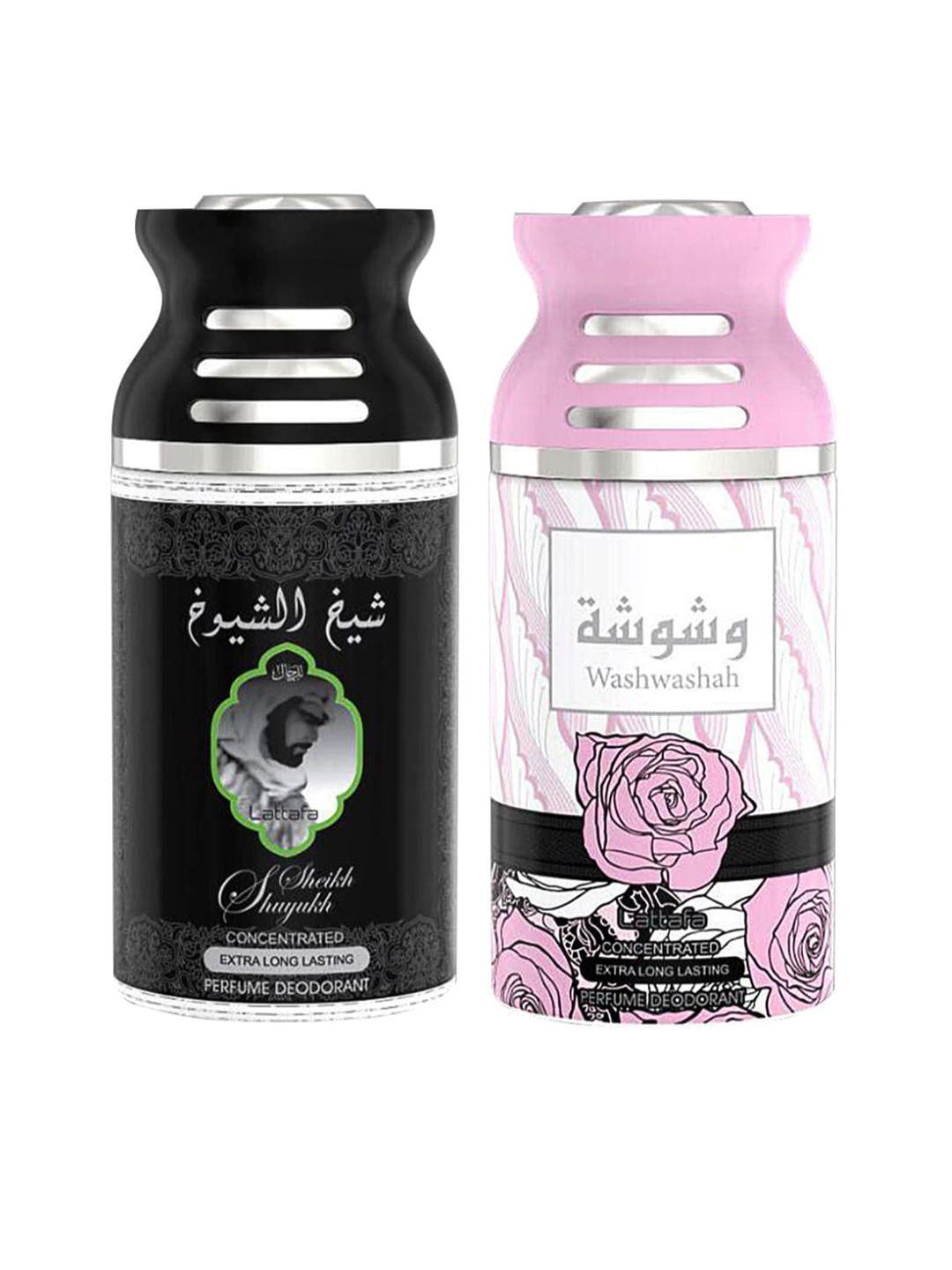 lattafa set of 2 black & pink sheik al suyukh & washwashah perfumed deodorant 250 ml