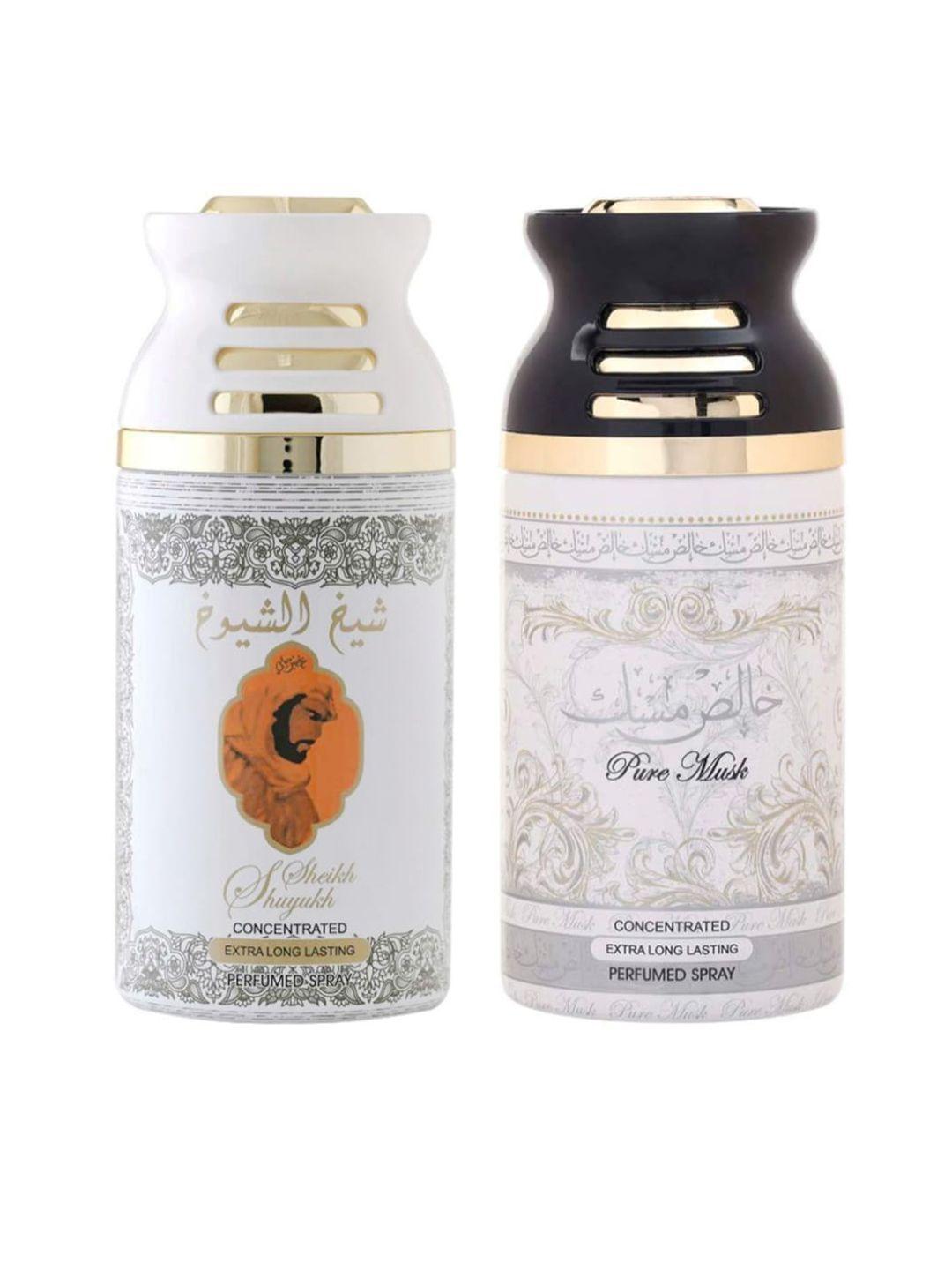 lattafa pack of 2 sheik al suyukh kususi & pure musk perfumed deodorant bodyspray 250ml