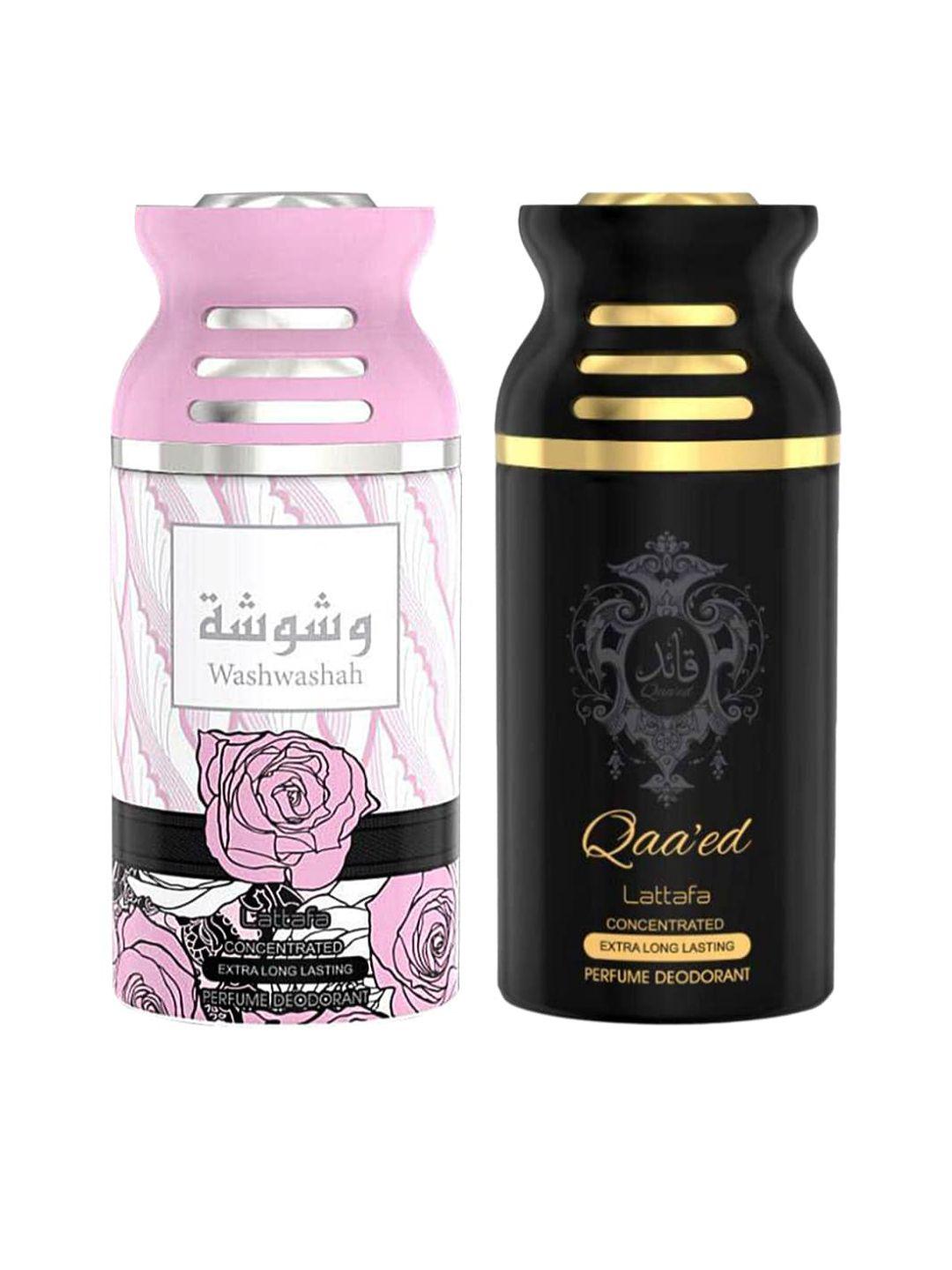 lattafa unisex pink & black pack of 2 washwashah & qaeed perfumed deodorant - 250 ml