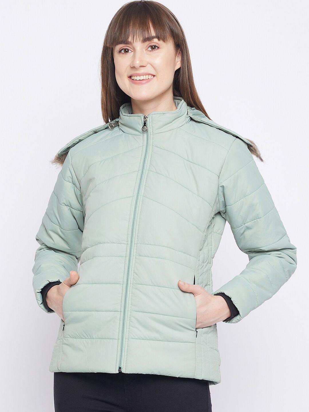 adobe women green lightweight padded jacket with detachable hood