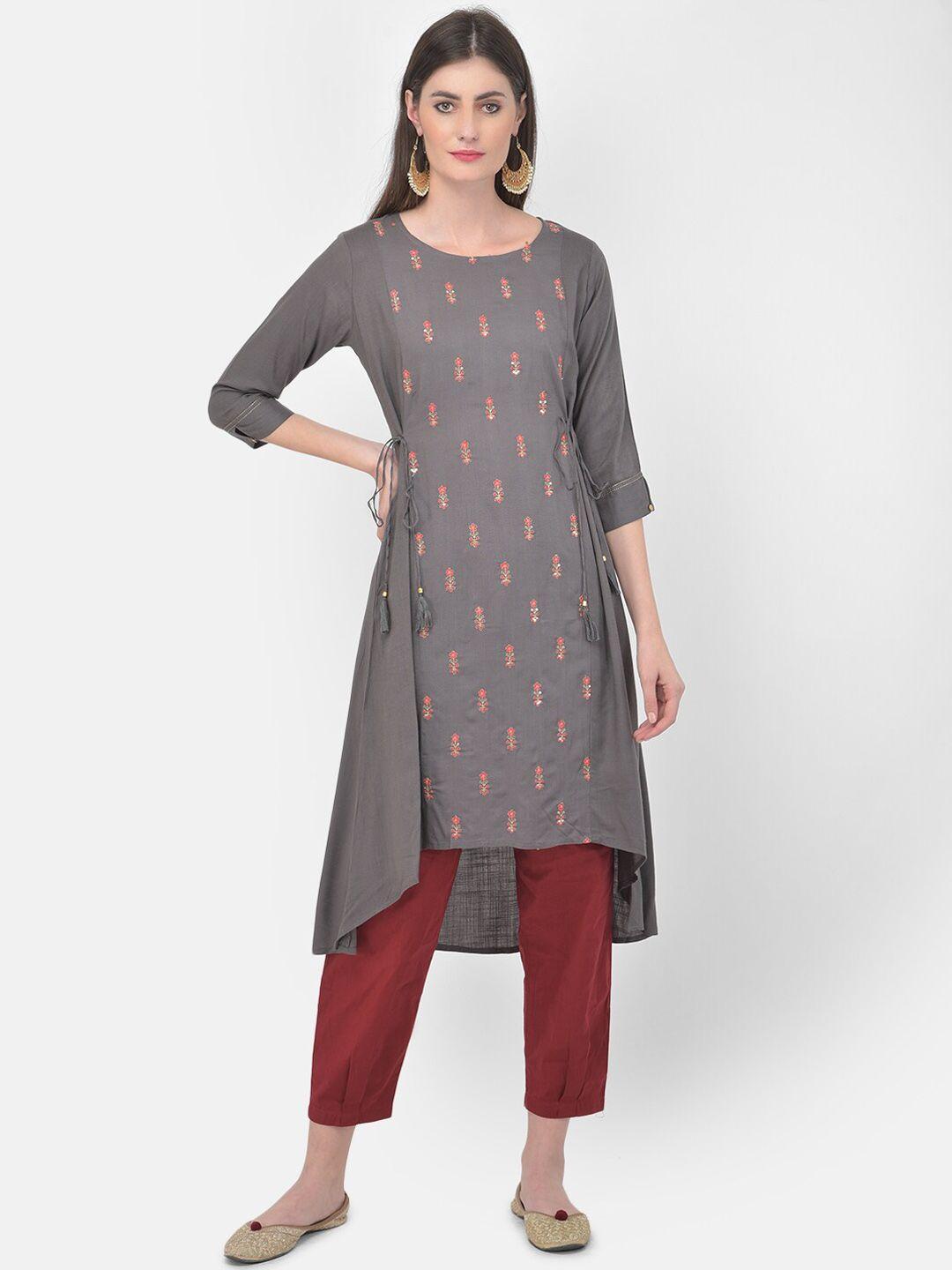 span women grey ethnic motifs printed thread work kurta